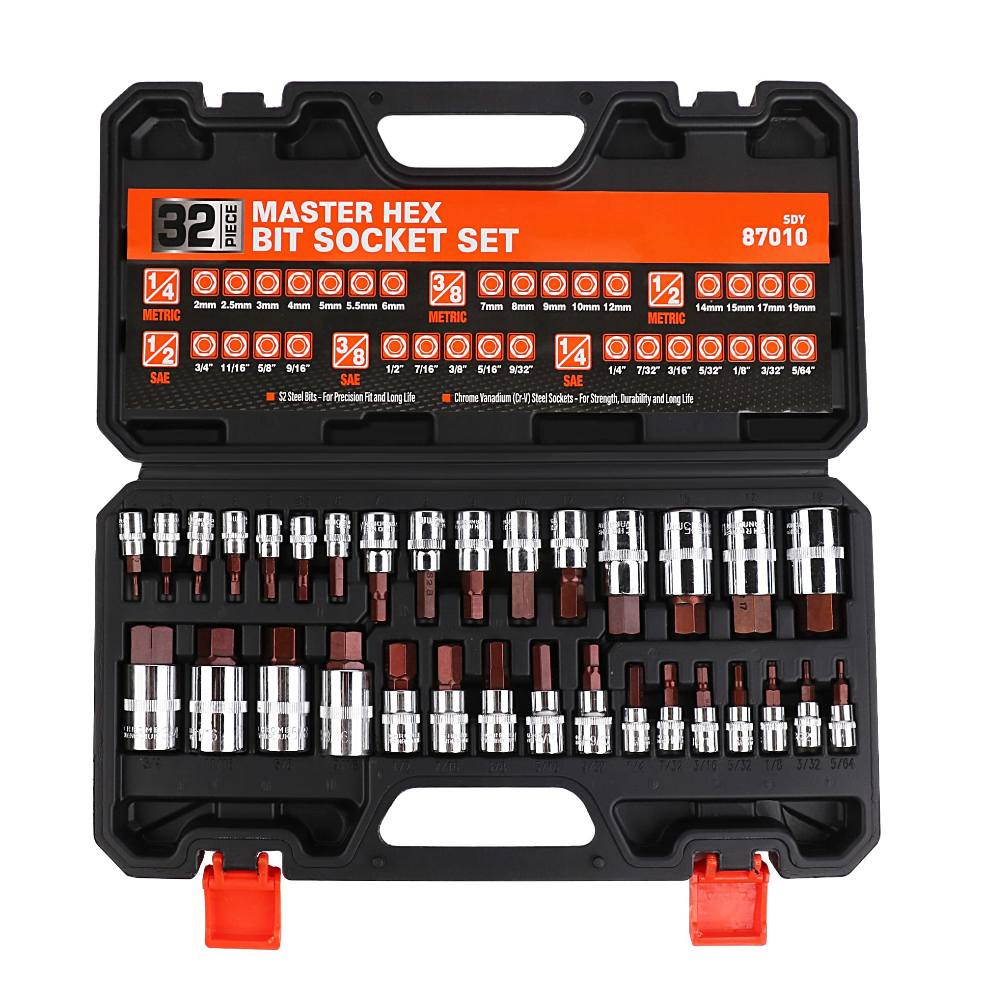 HORUSDY Allen Socket Set, 32-Piece Hex Bit Socket Set,SAE and Metric with Alloy Steel 1/4", 3/8", 1/2" Allen Head Hex Key