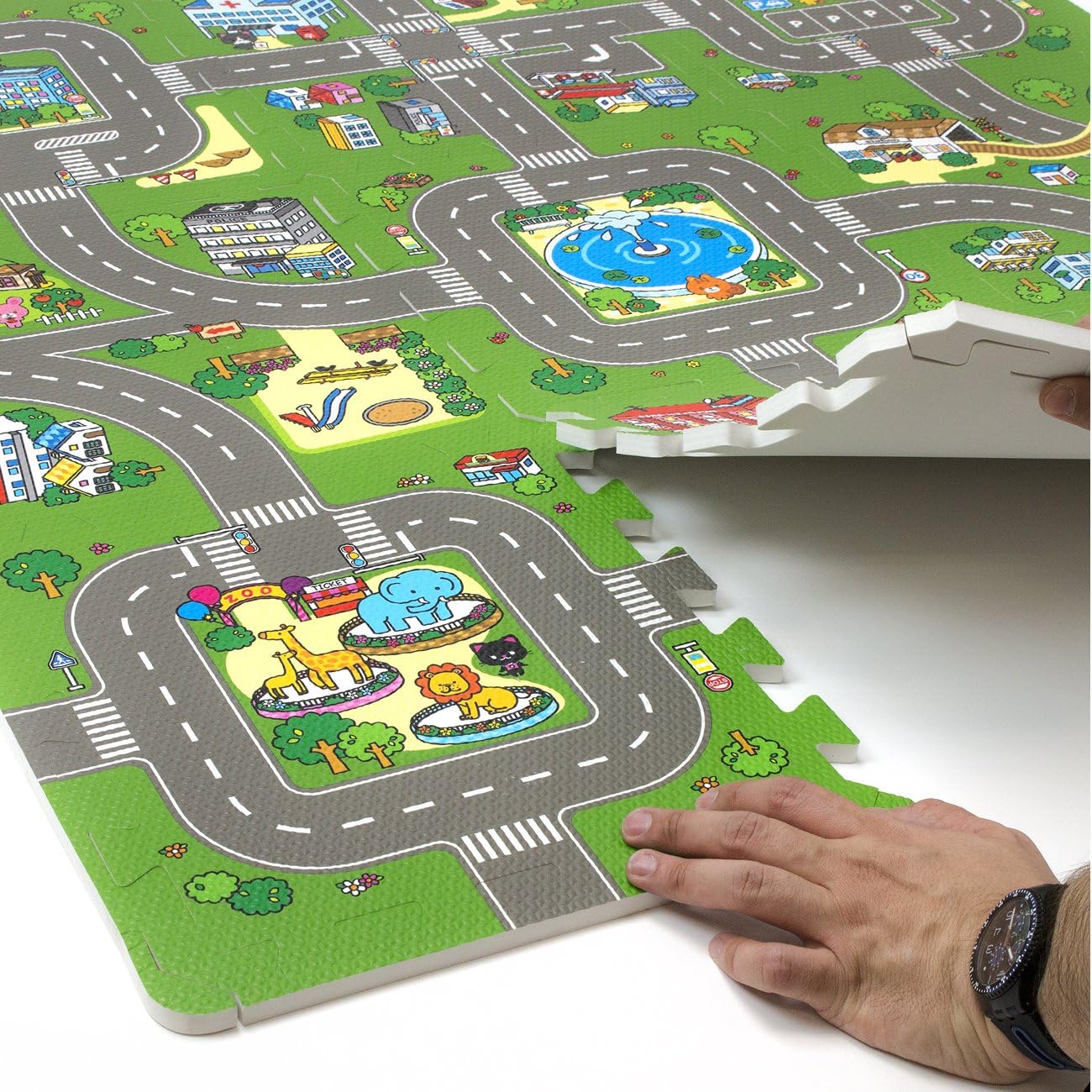 Sorbus Traffic Play mat Puzzle Foam Interlocking Tiles – Kids Road Traffic Play Rug - Children Educational Playmat Rug - Great for Playing with Toy Cars Trucks (9 Tiles with Borders)