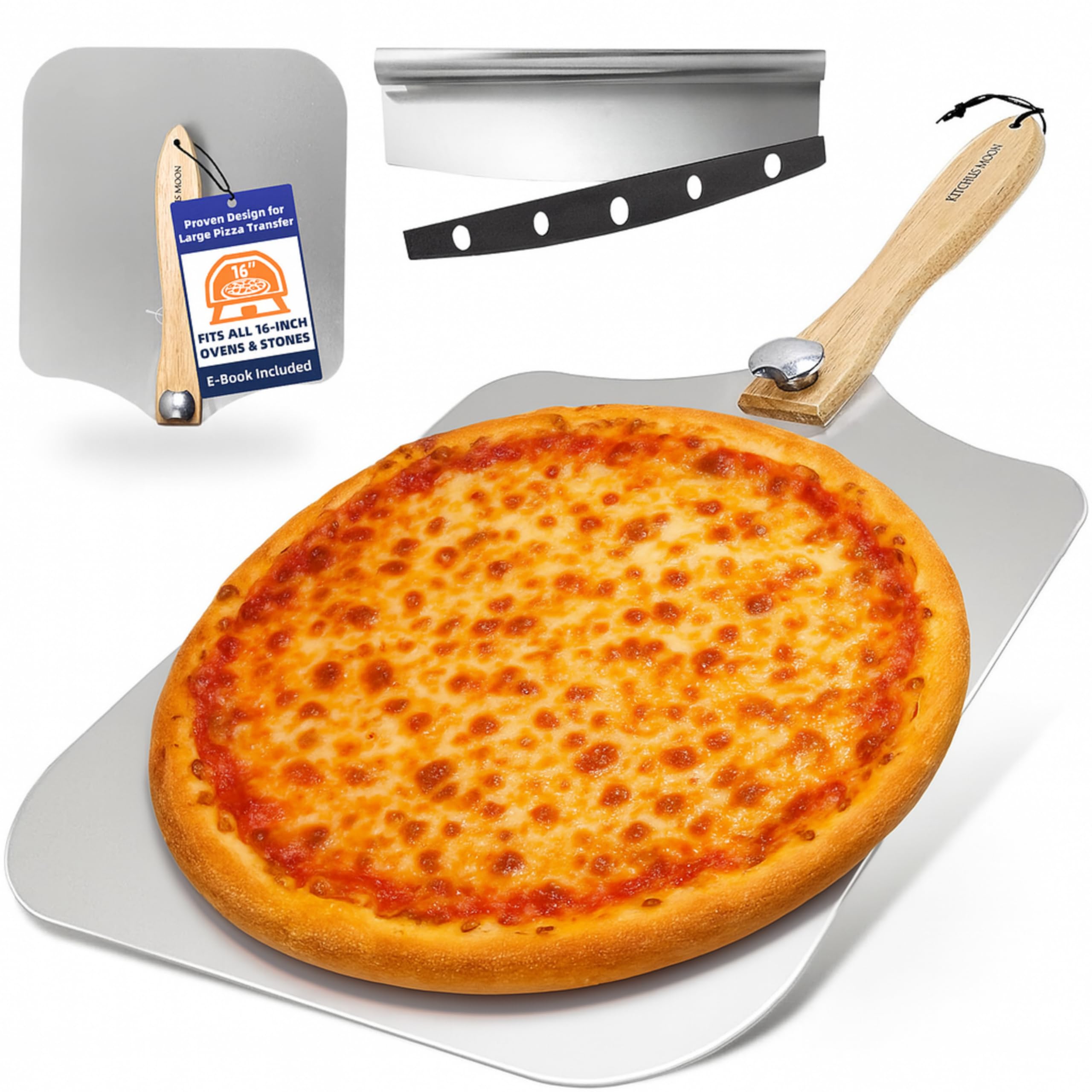 Large Pizza Peel 16 inch - Extra Large Metal Pizza Peel with 14 inch Stainless Steel Pizza Cutter Rocker, Pizza Paddle with Folding Handle (13"x16" with 14" Cutter)
