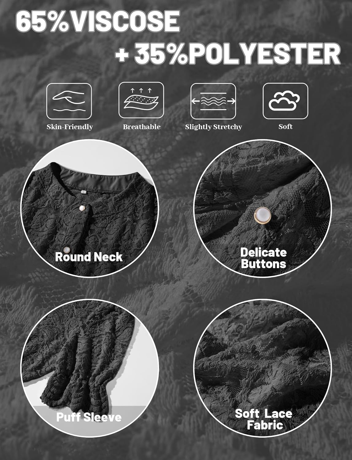 FEOYA Lace Blouses for Women Sheer Lace Short Sleeve Top Crew Neck Button Down Shirts Casual Puff Sleeve Dressy Shirt S-XL - Image 5