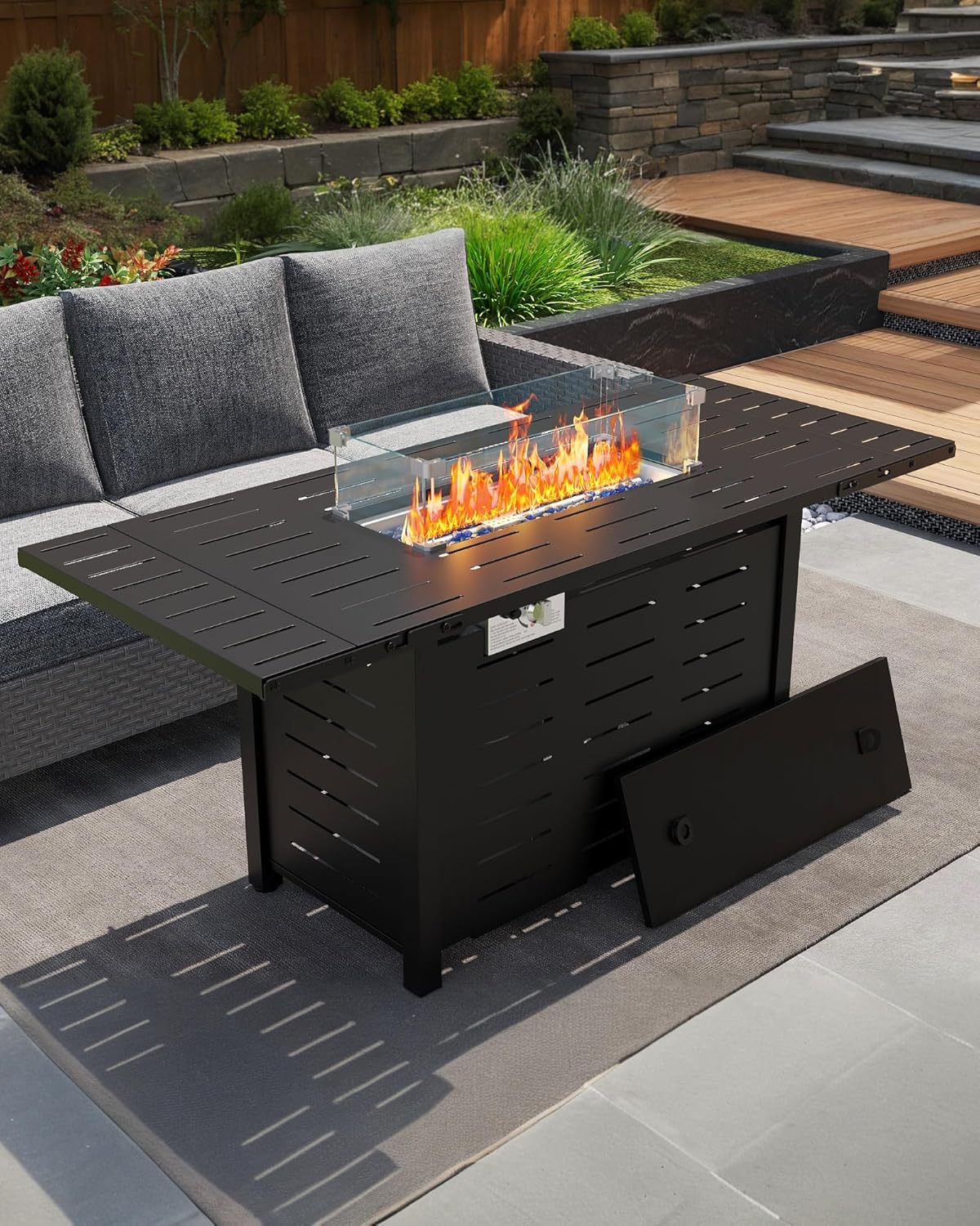 55″ Outdoor Propane Fire Pit Table, 48,000 Btu Lp Gas Rectangular Fire Table with Ignition Systems and Lid,Outdoor Firetable with Glass Rocks for Patio Deck Garden Backyard