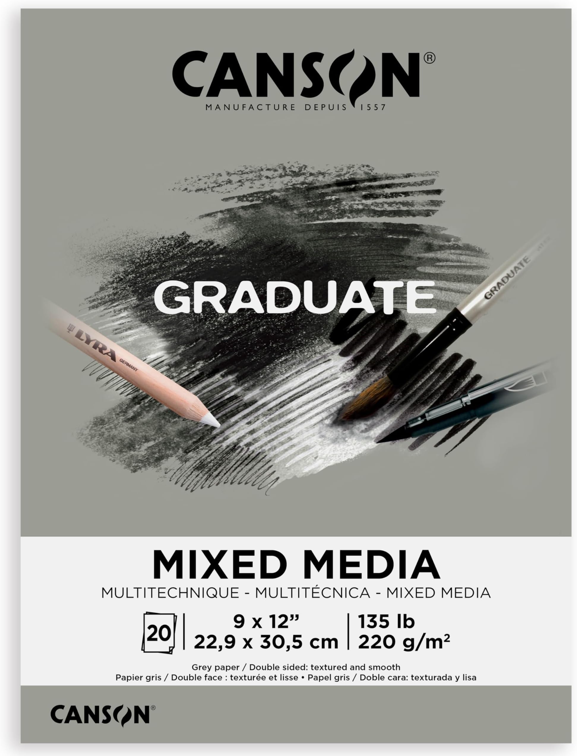 Graduate Grey Toned Mixed Media Pad, Foldover, 9x12 inch, 20 Sheets | Artist Paper for Adults and Students - Watercolors, Mixed Media, Markers and Art Journaling