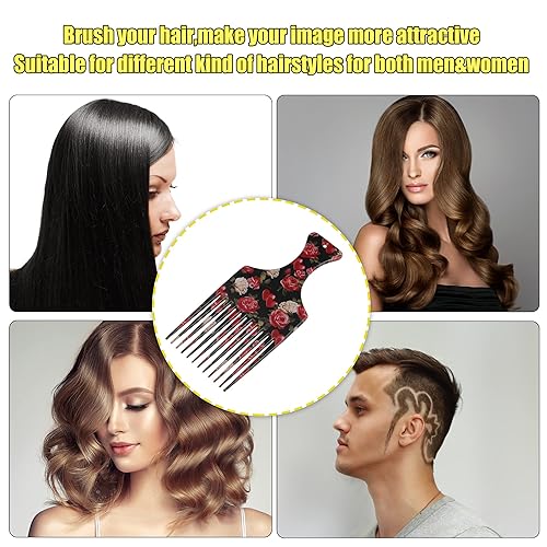 Miniatura 2 de VOCOSTE Peine afro de dientes anchos, herramienta de peinado para hombres, patrón de flores de plástico, 5.9 pulgadas