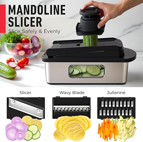 Miniatura 6 de Mueller Pro-Series 10-en-1, Cortador Multifuncional de Verduras de Acero Inoxidable con 8 Cuchillas y Mandolina, Herramientas y Gadgets de Cocina