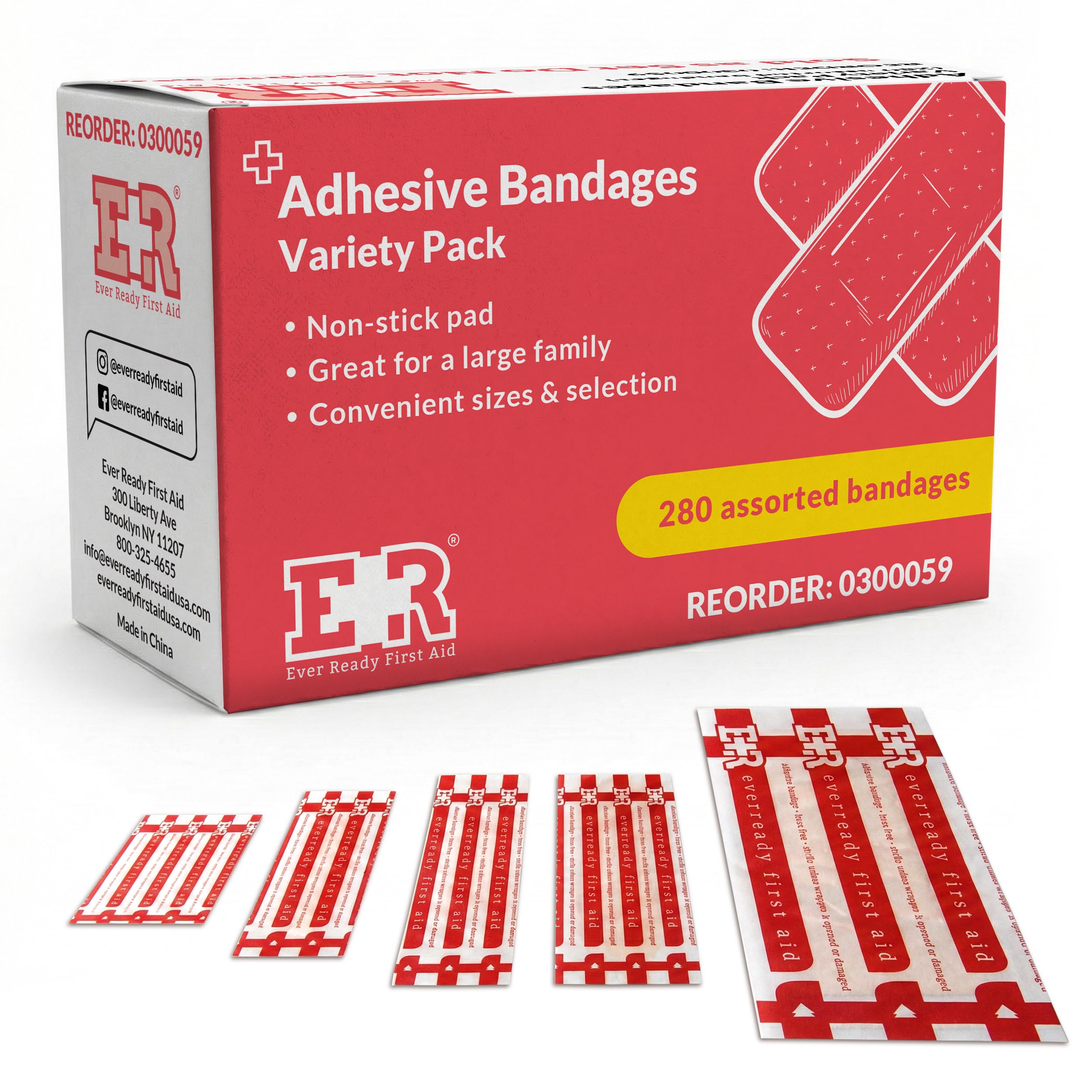 Ever Ready First Aid Quality Adhesive Bandages, Variety Pack of 280 Assorted Bandages,280 Count (Pack of 1)