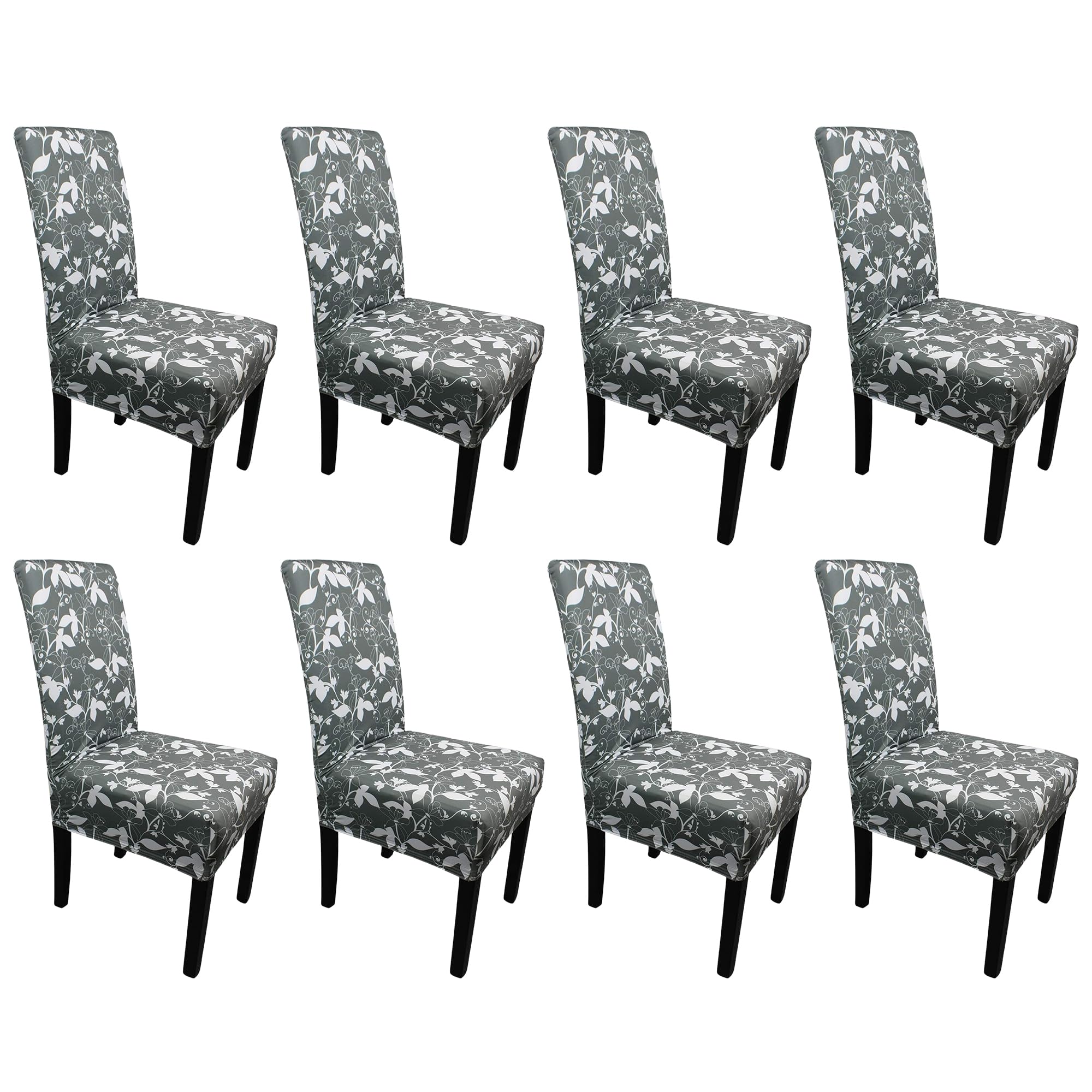 Printed High-Back Chair Covers for Dining Room Chairs – Spandex Stretch, Universal Armless Chair Protective Slipcover for Kitchen, Wedding, Party, Banquet & Hotel, Kaymas Leaves - Grey, Pack of 8