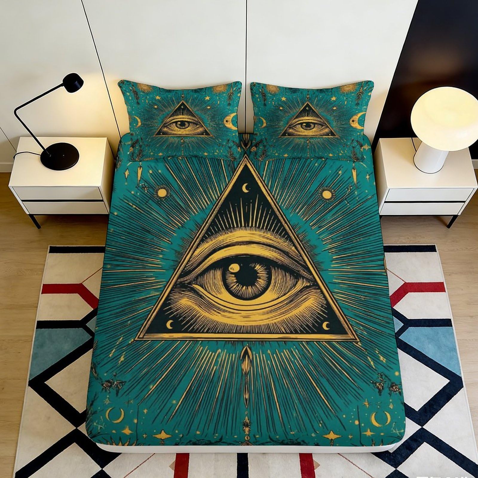 3D Printed Illuminati Eye Fitted Sheet Microfiber Artistic Sun Moon Mattress Cover for Bedroom Guest Room Decor 90x200x25cm