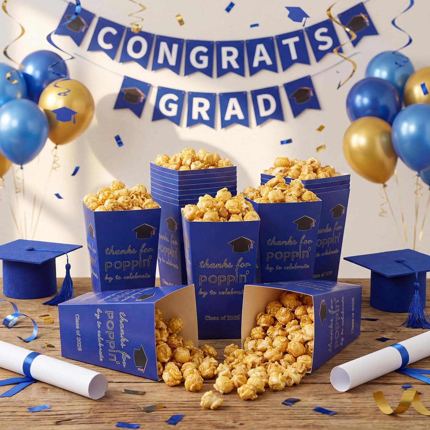 Fullhawl 50 Pcs Class of 2026 Graduation Party Popcorn Boxes 6 in Paper Containers Popcorn Boxes Graduation Treat Cookie Snack Bags for Party Favors (Blue)