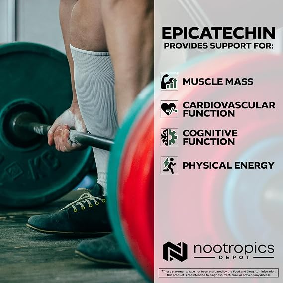 Nootropics Depot Epicatechin Tablets | 200mg Epicatechin + 6mg Piperine for Bioavailability | Green Tea Extract | Promotes Muscle Mass, Cardiovascular Health, and Energy | 30 Count