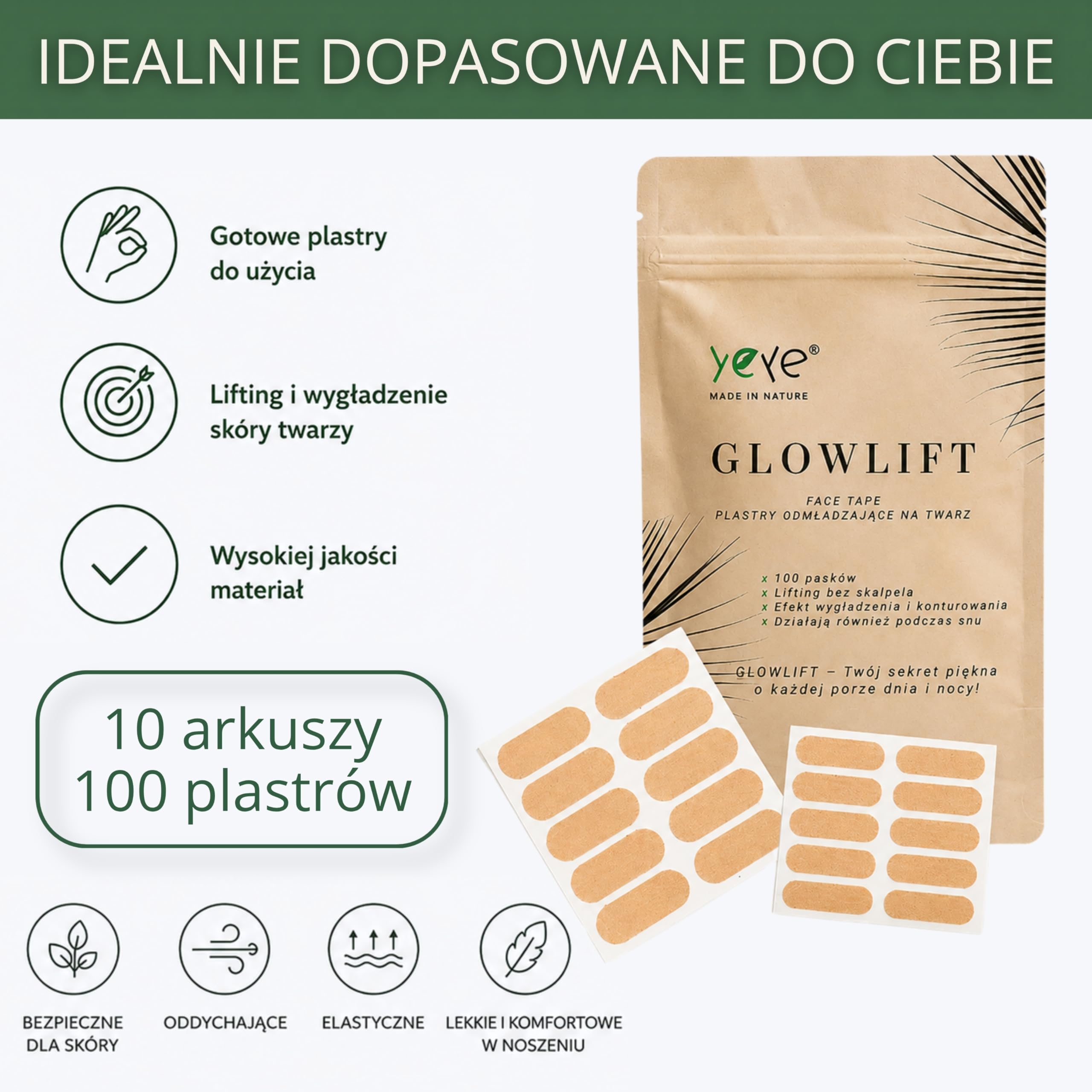YEYE Made in Nature GlowLift Face Tape - Liftingujące Taśmy do Twarzy 100 sztuk, Gotowe plastry do Face Tapingu, Taśmy Kosmetyczne na Zmarszczki, Owal Twarzy, Czoło, Policzki i Linię Żuchwy
