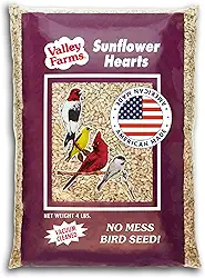 Valley Farms Corações inteiros de girassol para pássaros, semente de girasol para pássaros selvagens, semente de pássaro selvagem sem bagunça para alimentadores externos (1,8 kg)