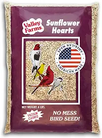 Valley Farms Corações inteiros de girassol para pássaros, semente de girasol para pássaros selvagens, semente de pássaro selvagem sem bagunça para alimentadores externos (1,8 kg)