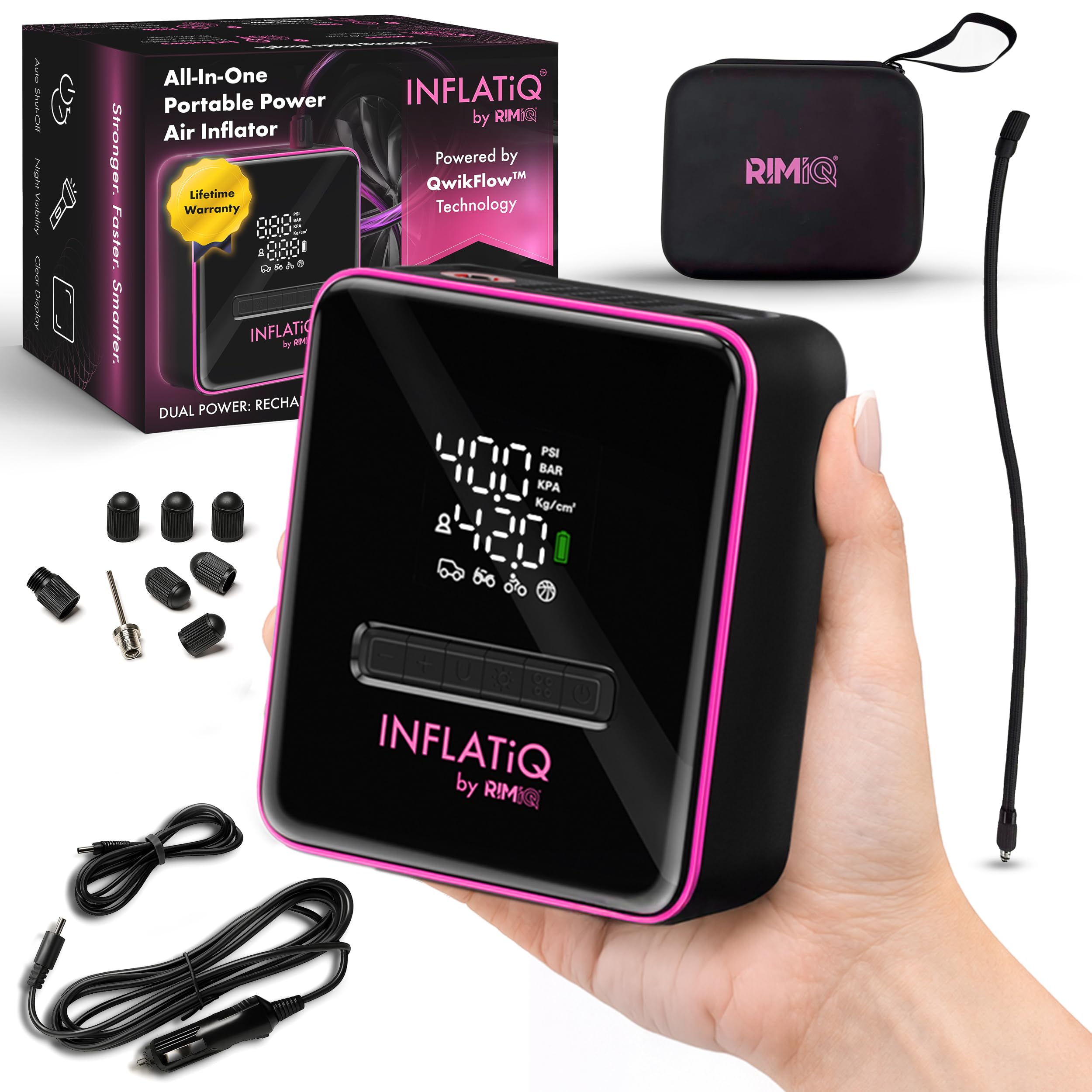 Inflador de neumáticos INFLATiQ by RIMiQ P – Potente y galardonada tecnología QWIKFLOW con 2 opciones de energía portátiles incluidas, bomba de aire fuerte para vehículos, camiones, automóviles
