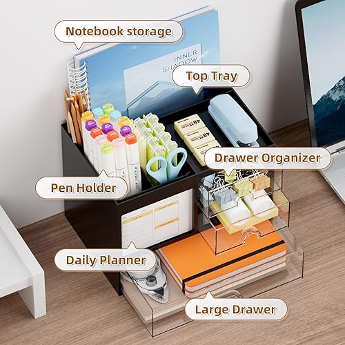 Miniatura 2 de Marbrasse Organizador de escritorio con 3 cajones, soporte multifuncional para bolígrafos, organizadores de escritorio y accesorios con 4