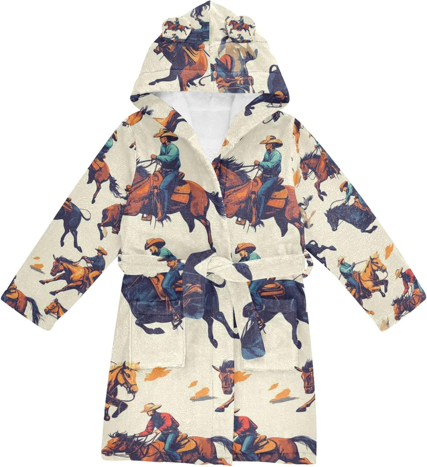 Vintage Cowboys Riding Bulls and Horse Bathrobe Hooded PJ Robe Soft Fleece Robe Pajama Sleepwears 2-12 Years