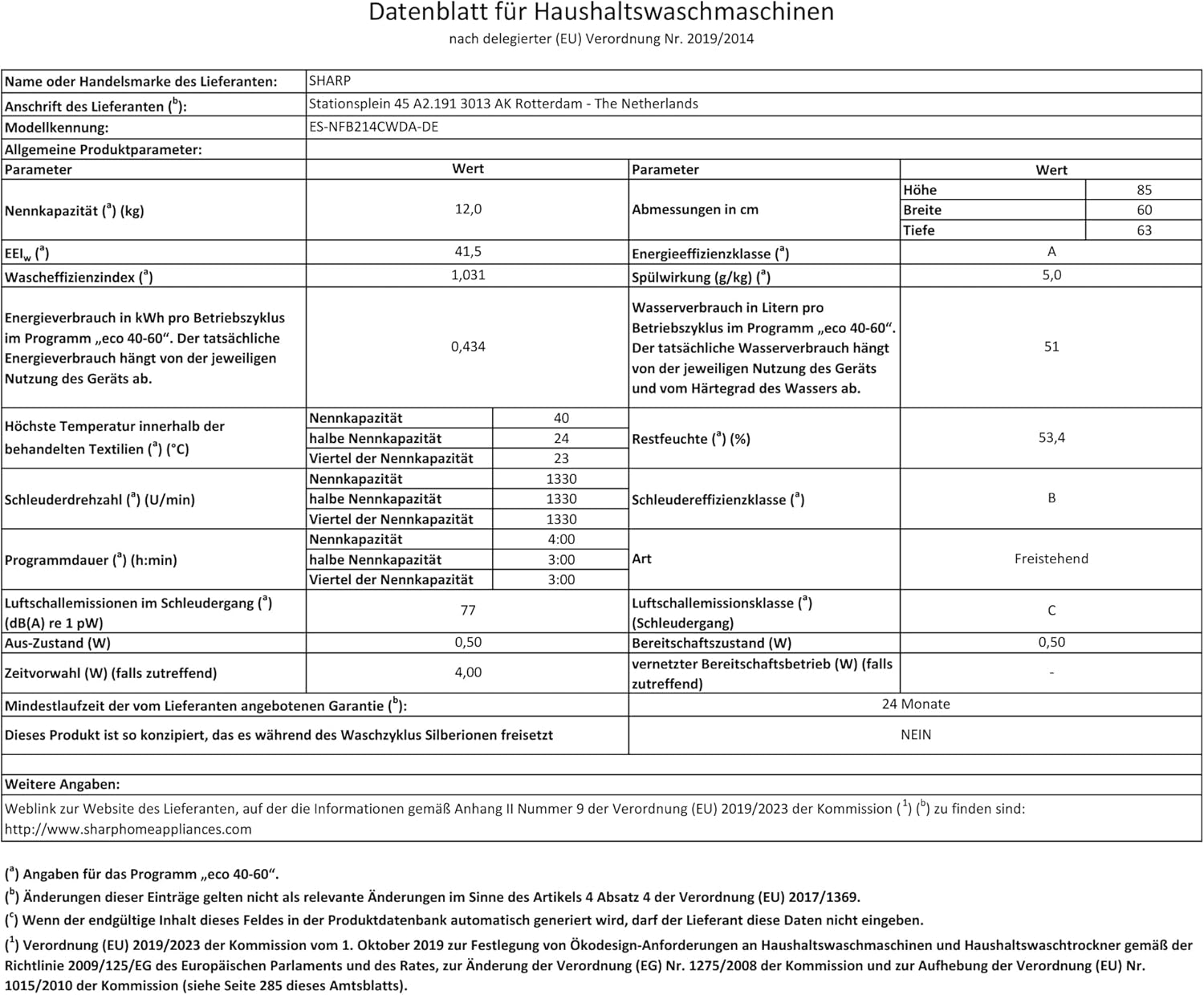 Product data sheet for Sharp ES-NFB214CWDA-DE washing machine with detailed technical parameters