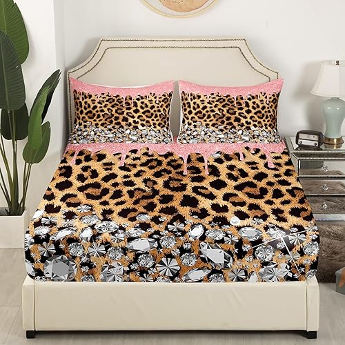Miniatura 3 de Manfei Sábana bajera ajustable de leopardo marrón, tamaño individual, juego de ropa de cama de 2 piezas con purpurina rosa para decoración de