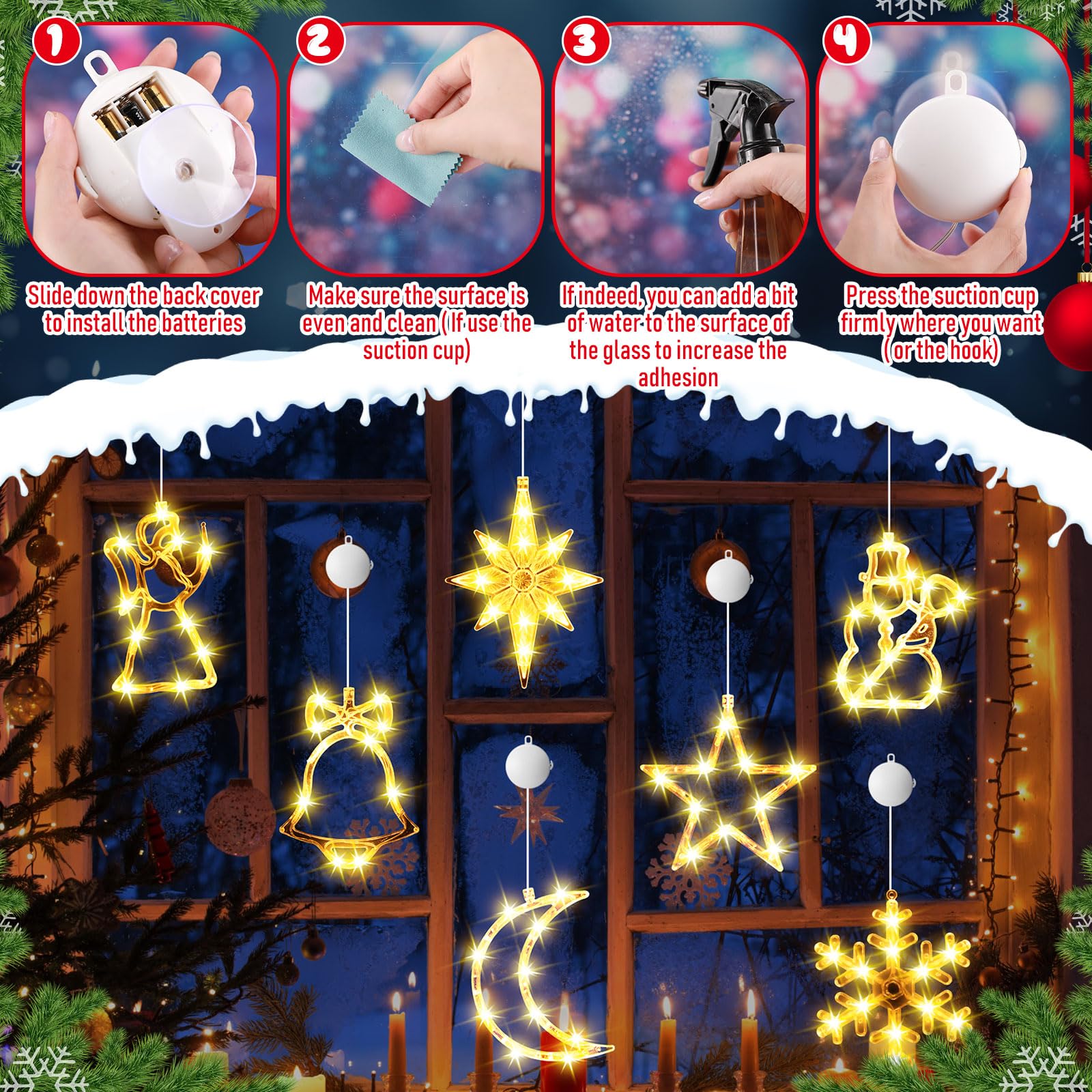 Tujoe 10 Stück Weihnachts-Fensterlichter, Dekorationen, beleuchtete Fenster-Silhouetten-Lichter mit Timer, Saugnapf, batteriebetrieben für Weihnachten, Urlaub, Neujahr, Innen- und Außendekoration