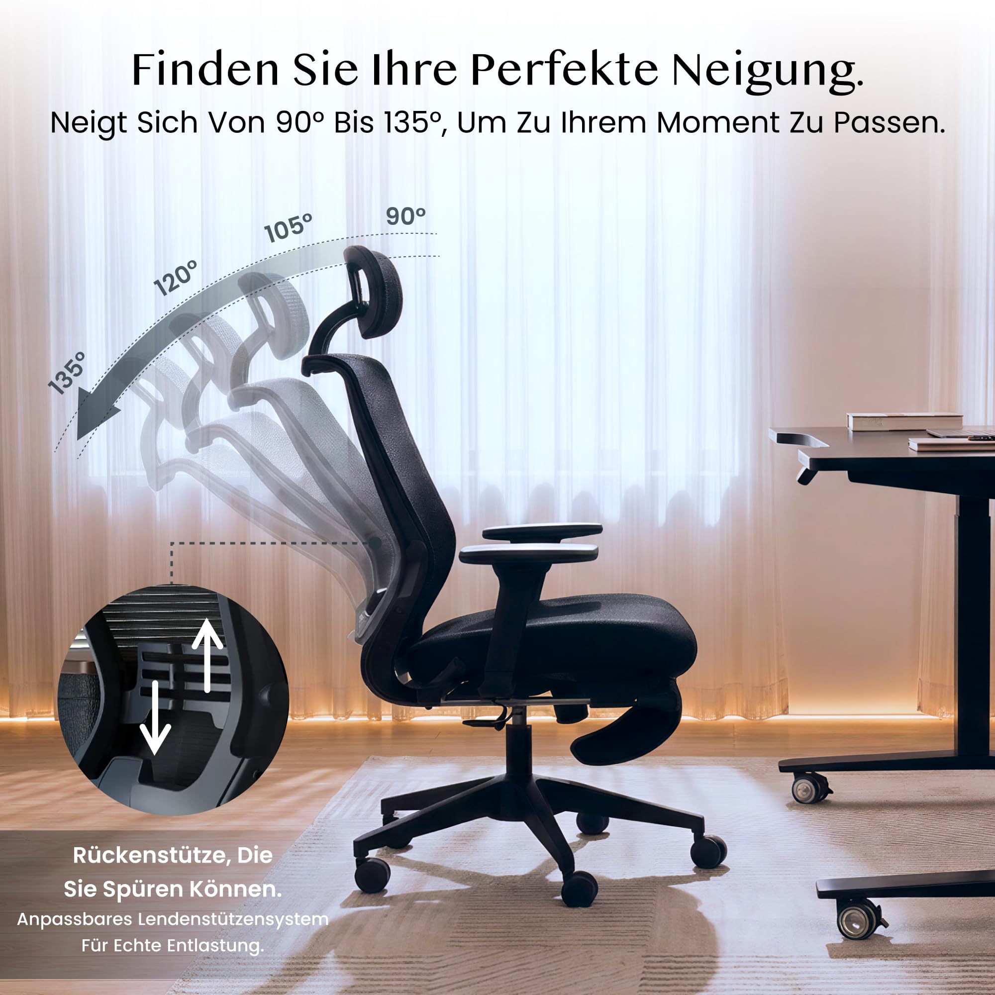 FLEXISPOT Ergonomischer Bürostuhl Foldex, Klappbarer Bürostuhl für Kleine Räume mit Lendenwirbelstütze, Höhenverstellbaren Armlehnen, 2D Kopfstütze, Fußstütze, Schwarz