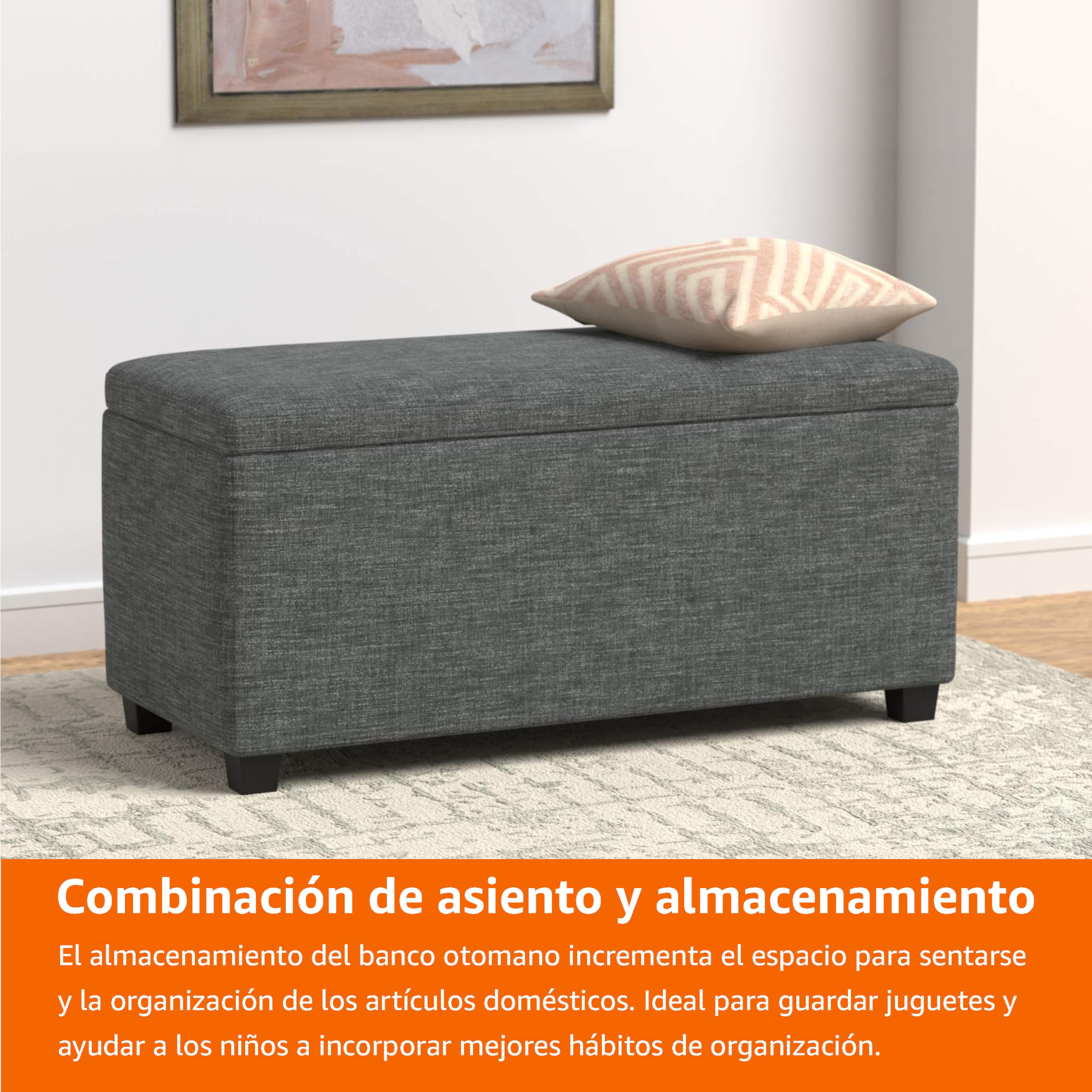 Amazon Basics Banco rectangular acolchado para entrada con almacenamiento, para dormitorio, pasillo, otomana, aspecto de lino, gris oscuro, 42 x 91 x 43 cm