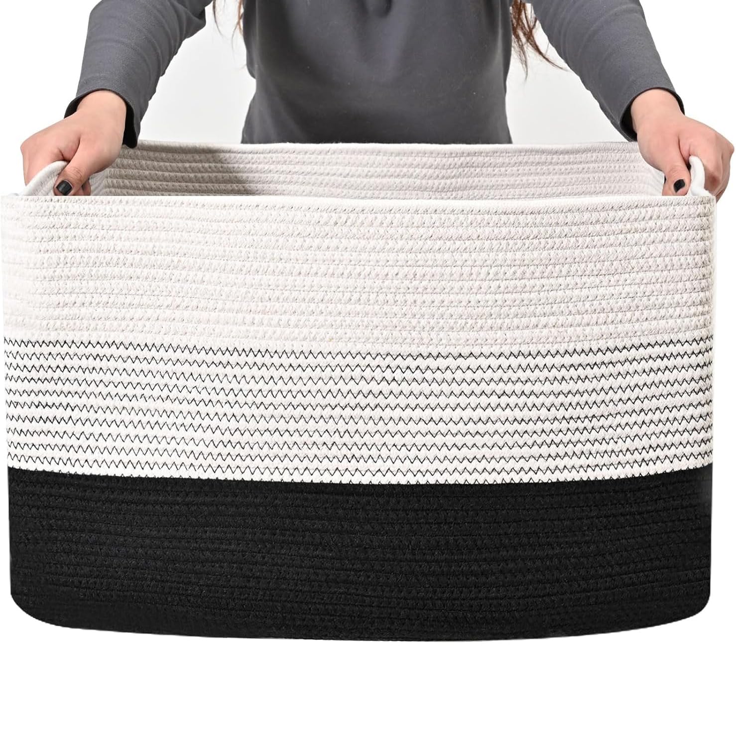 Cesto para la ropa sucia de algodón trenzado (55 x 43 x 30,5 cm) - Cesto de lavandería hecho a mano con asa, blanco y marrón - Cesta de almacenamiento estable para ropa, juguetes y más (negro)