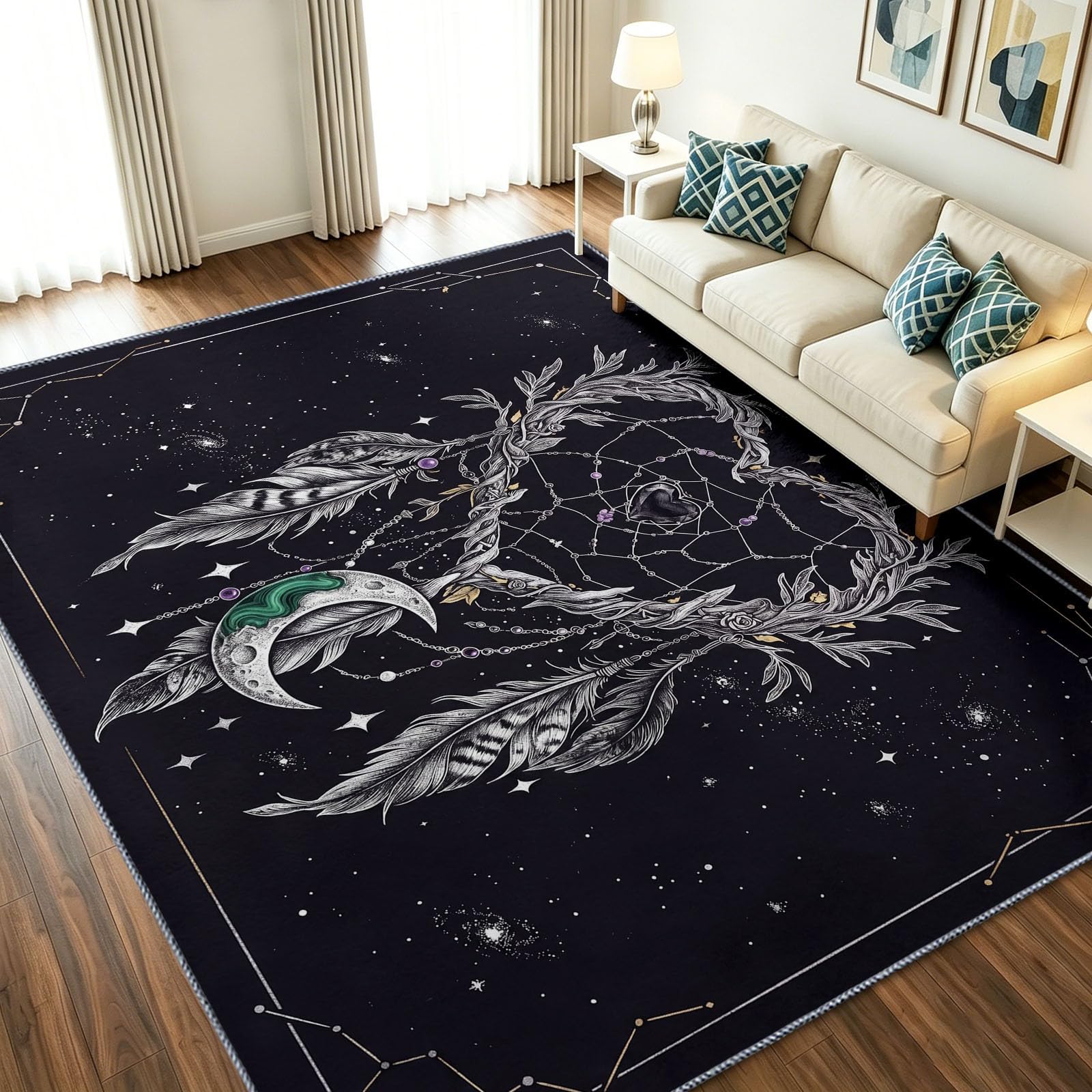 Generisch Teppich Wohnzimmer 120 x 180 cm Sternenhimmel Traumfänger Federn Muster - Teppich für Wohnzimmer Küche Schlafzimmer Und Flur, Weich rutschfest Fantasy Mysteriös Tepich Einfache Reinigung
