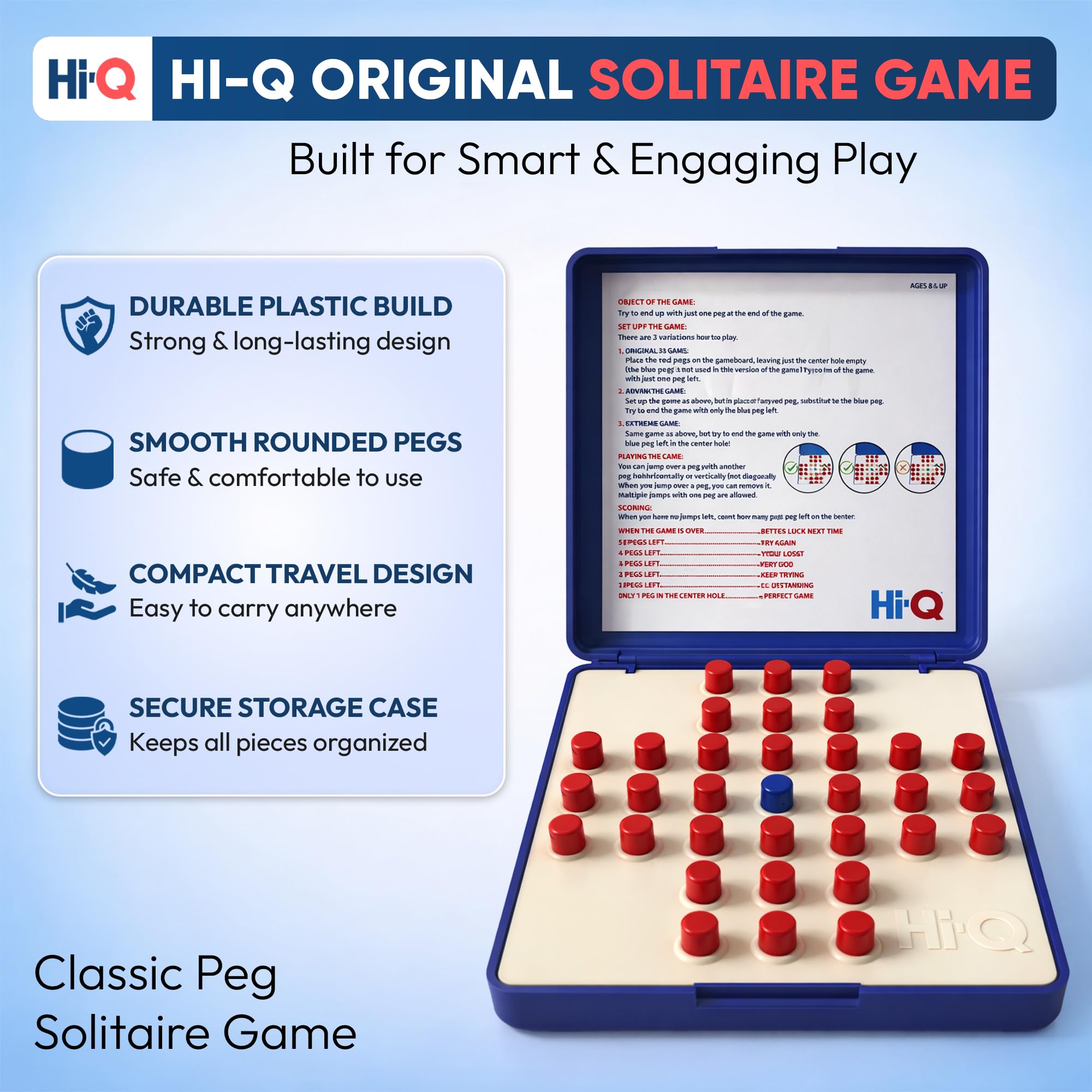 Juego de solitario original – Juego de mesa solitario para niños, adultos y personas mayores, 1 jugador, rompecabezas y estrategia para resolver problemas, juego de mesa perfecto para viajes y