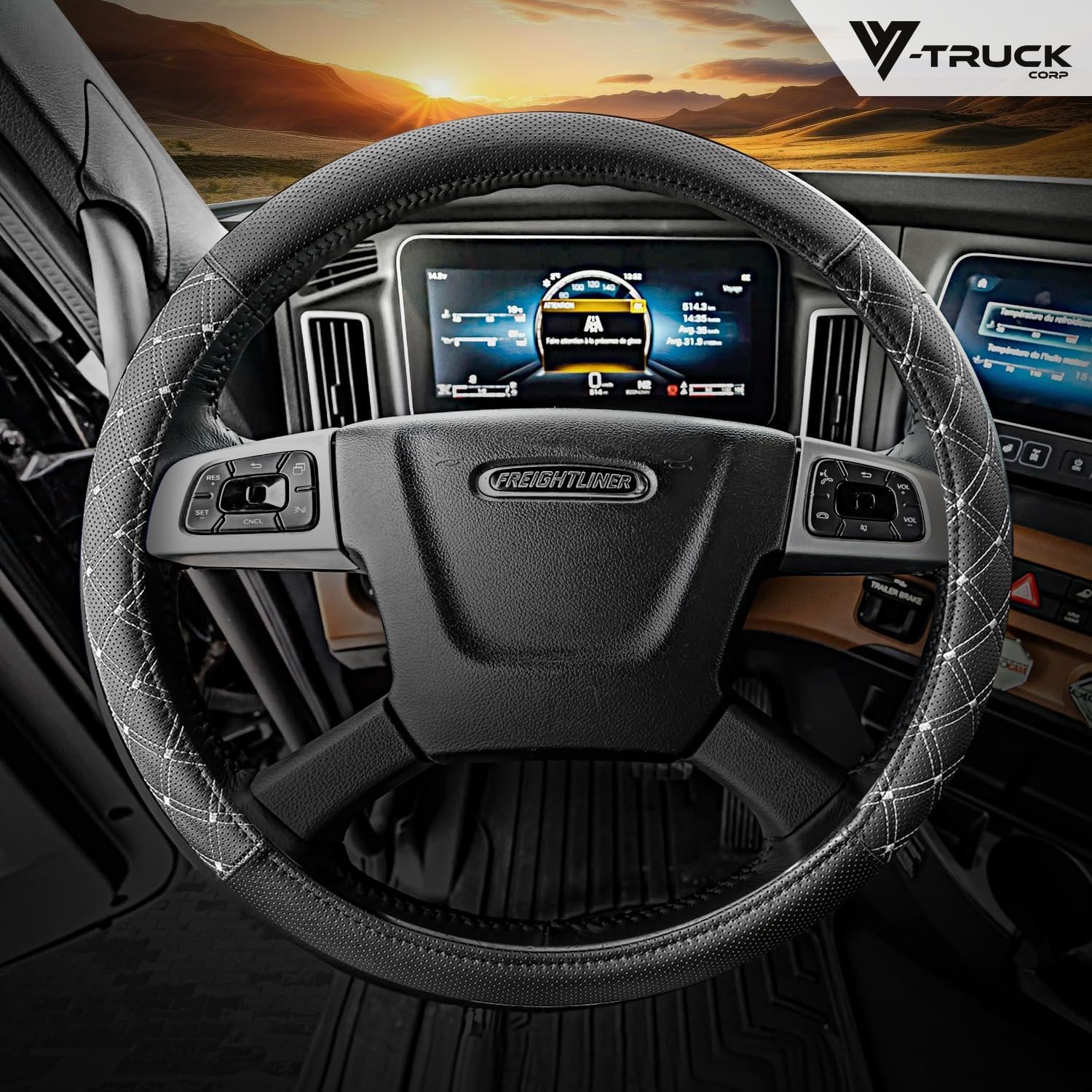 Steering Wheel Cover 18 inch Size Faux Leather Semi Truck, BLACK WITH GREY STITCHING