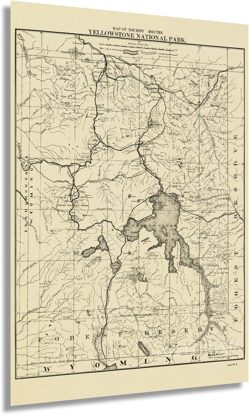 HISTORIX Vintage 1900 Yellowstone National Park Map of the Tourist Routes Poster - 24x36 Inch Vintage Map of Yellowstone Wall Art - From United States Office of the Chief of Engineers