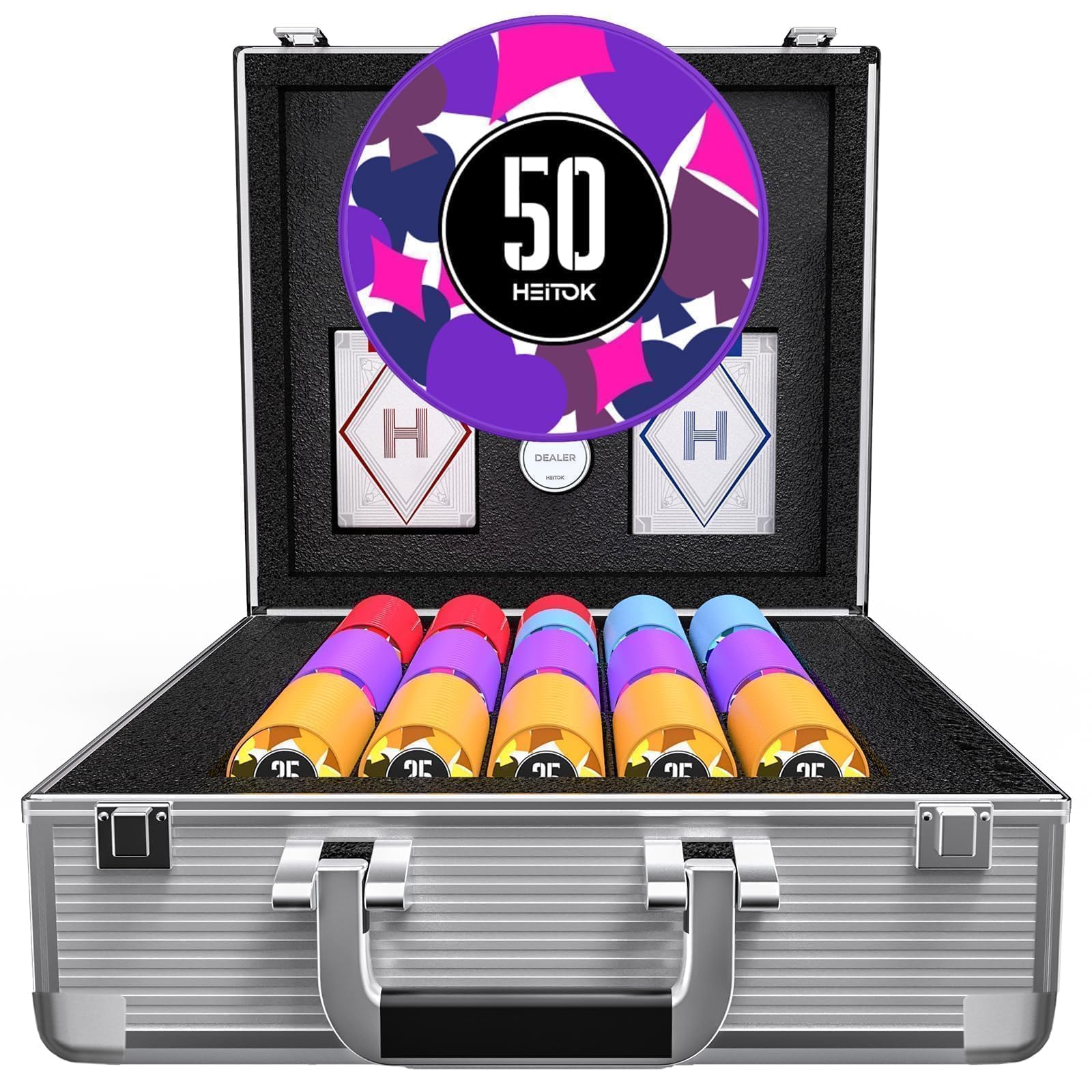 HEITOK Mallette Poker Professionnelle 600 Jetons Numérotés 11,5g avec Valise Aluminium Renforcée – Kit Complet Texas Hold'em Blackjack pour Soirées Casino Adultes | lecture rapide des mises, 2-16 joueurs, cartes papier, 5 dés, Dealer/Blind, installation r