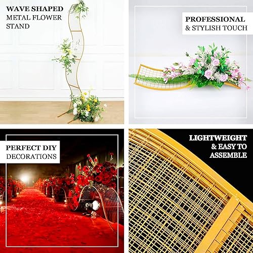 Miniatura 6 de Efavormart - Soporte de telón de fondo ondulado con marco de flores onduladas de 7 pies, diseño de cuadrícula de metal dorado en forma de S,