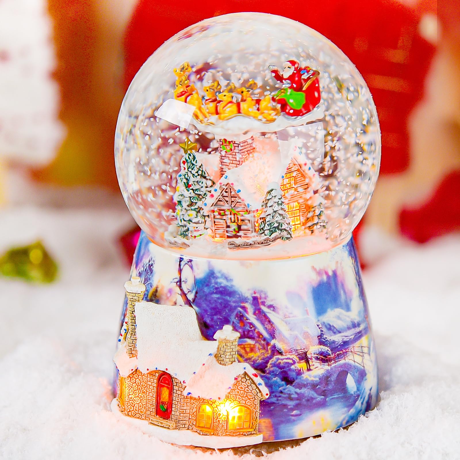 Bowu Merry Christmas Music Box Gift - Christmas Snow Globes with Lights Musical Rotating Santa Claus with Sleigh Flying Over Village Gift for Kids Son Daughter Women