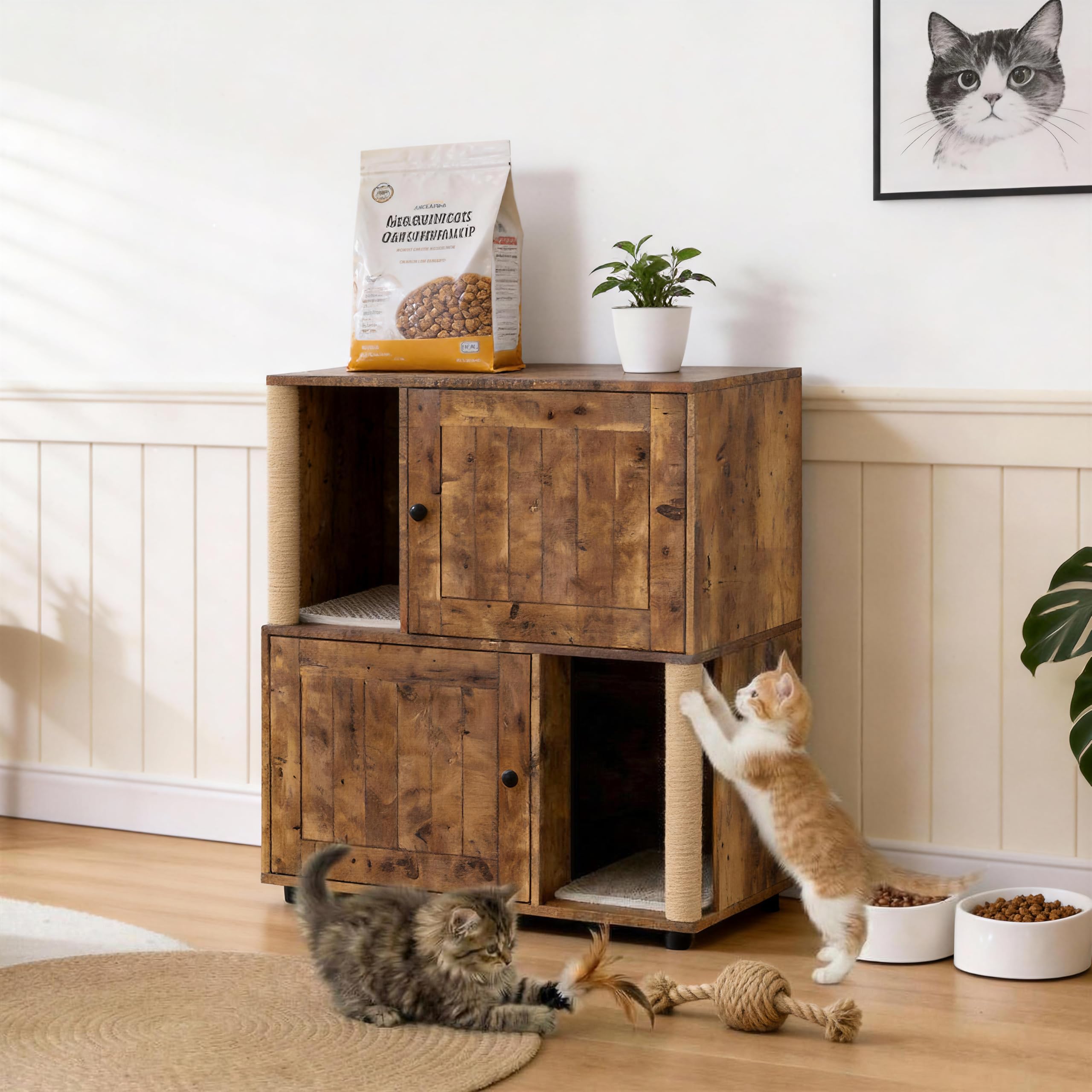 Garvee Cat Litter Box Enclosure for 2 Cats, 80W x 50D x 88H cm Hidden Litter Box Furniture with Scratching Posts & Double-Layer Mat, Wooden Cat House Side End Table for Living Room Bedroom - Brown Sli
