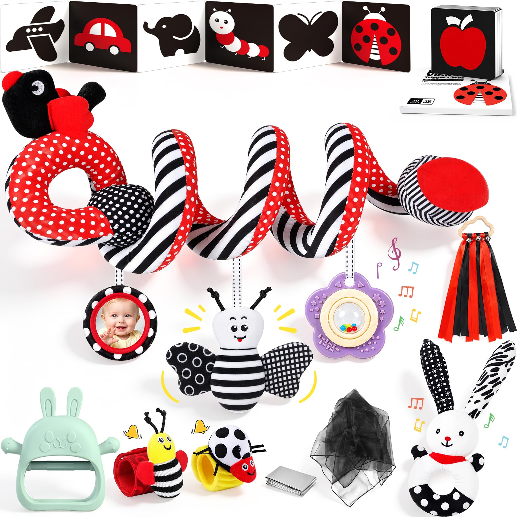 Perbabe Kontrast Spielzeug Baby,9-in-1 Kinderwagen Spielzeug 0-12 Monate | Spielzeug kinderwagen in Schwarz, Weiß und Rot, geeignet für Kinderwagen und Spielbögen,Geschenk für Neugeborene