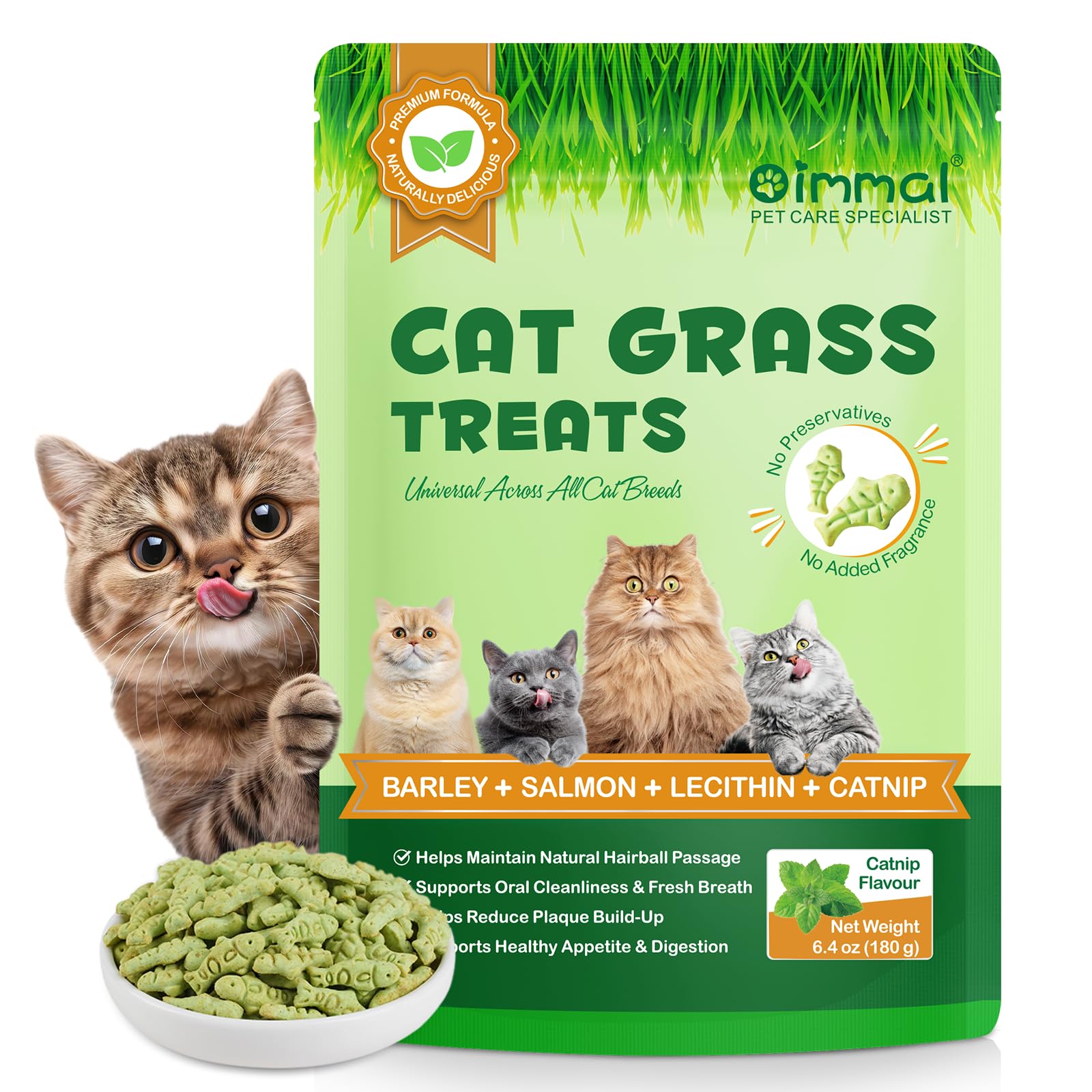 Cat Grass Treats, Cat Treats for Indoor Cats, Freeze Dried Cat Treats for Supports Digestive Health & Hairball Control, Encourages Chewing and Teeth Cleaning, Catnip Flavour 180g
