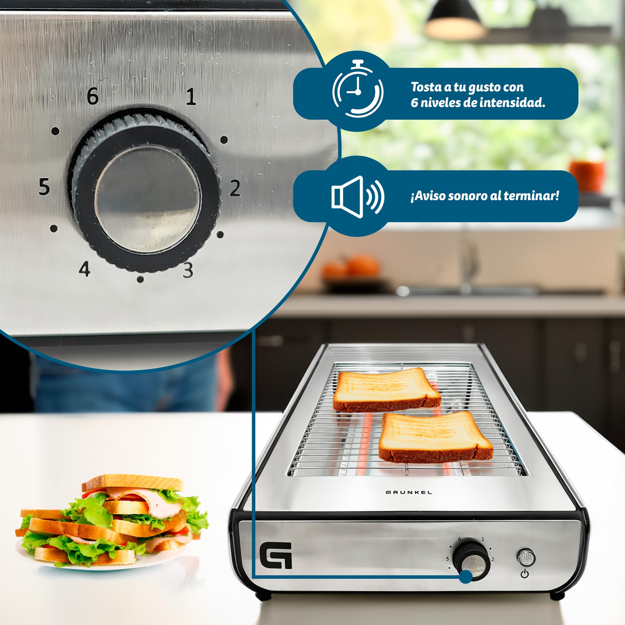 Grunkel - Tostapane per pane piatto per 4 fette da 600w TSP-INOX con 6 livelli di timer e segnale acustico di completamento. Include vassoio raccogli briciole rimovibile (Inox)