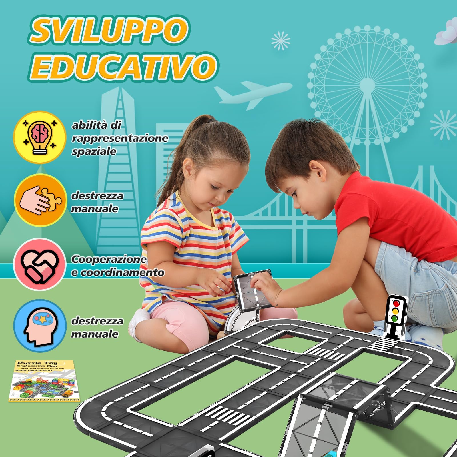 BuzzoXerex Costruzioni Magnetiche Strade, 70 Pezzi Tessere Magnetiche Strada, Piastrelle Magnetic Tiles Giocattoli Costruzioni Regalo Bambino 3 4 5 anni (70 Pezzi)