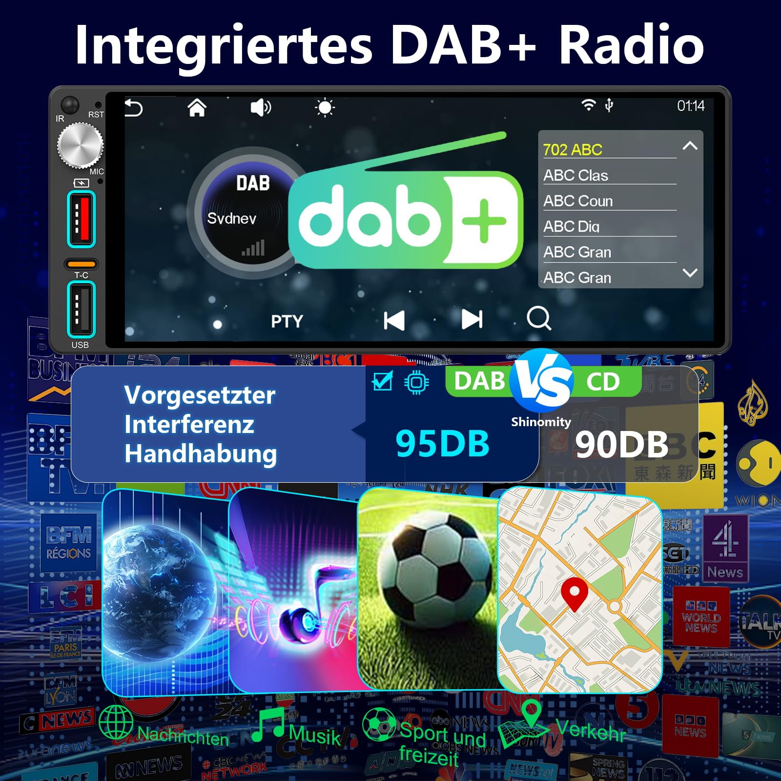6,9 Zoll 1 Din Autoradio mit drahtlosem CarPlay & Android Auto, Bluetooth, Full-Touch-Autoradio-Display FM, DAB+，Free Rückfahrkamera