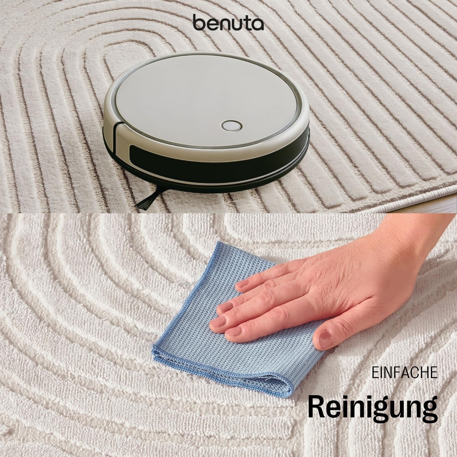 benuta Basic Teppich Claire - Creme 160x230 cm - Minimalistischer Wohnzimmerteppich im Geometrischen Retro-Stil - Pflegeleicht - Fußbodenheizung Geeignet