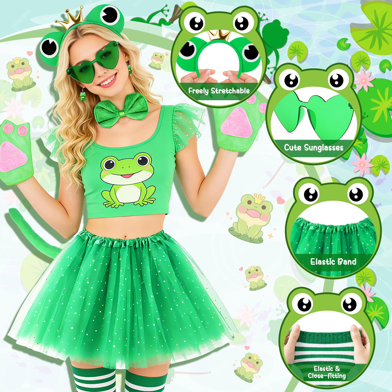 Kyndara 8pcs Frog Costume Set for Women Frog Fancy Dress Kit with Sparkly Tutu Skirt Headband Bow Tie Tail Gloves Glasses Earrings Socks for World Book Day Halloween Themed Parties Cosplay - Image 3