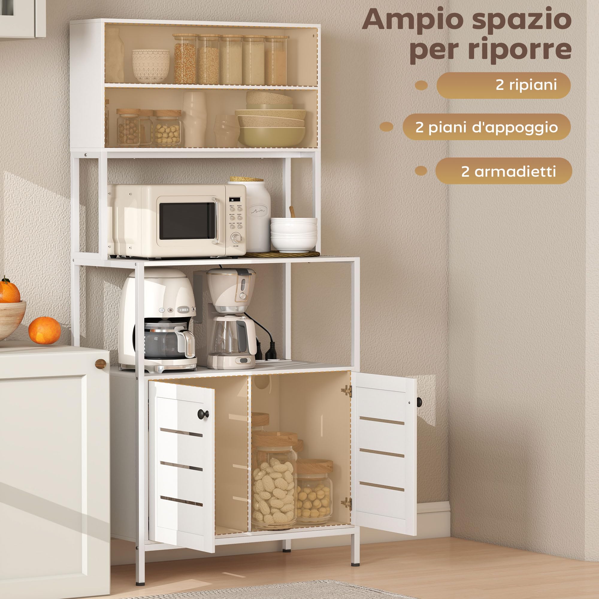 HOMCOM Scaffale Cucina con Ripiani, 2 Prese di Ricarica USB e AC, Scaffale per Microonde con Armadietti con Porte a Persiana, Mobile Cucina Salvaspazio in Legno e Acciaio, 80x42x171 cm, Bianco