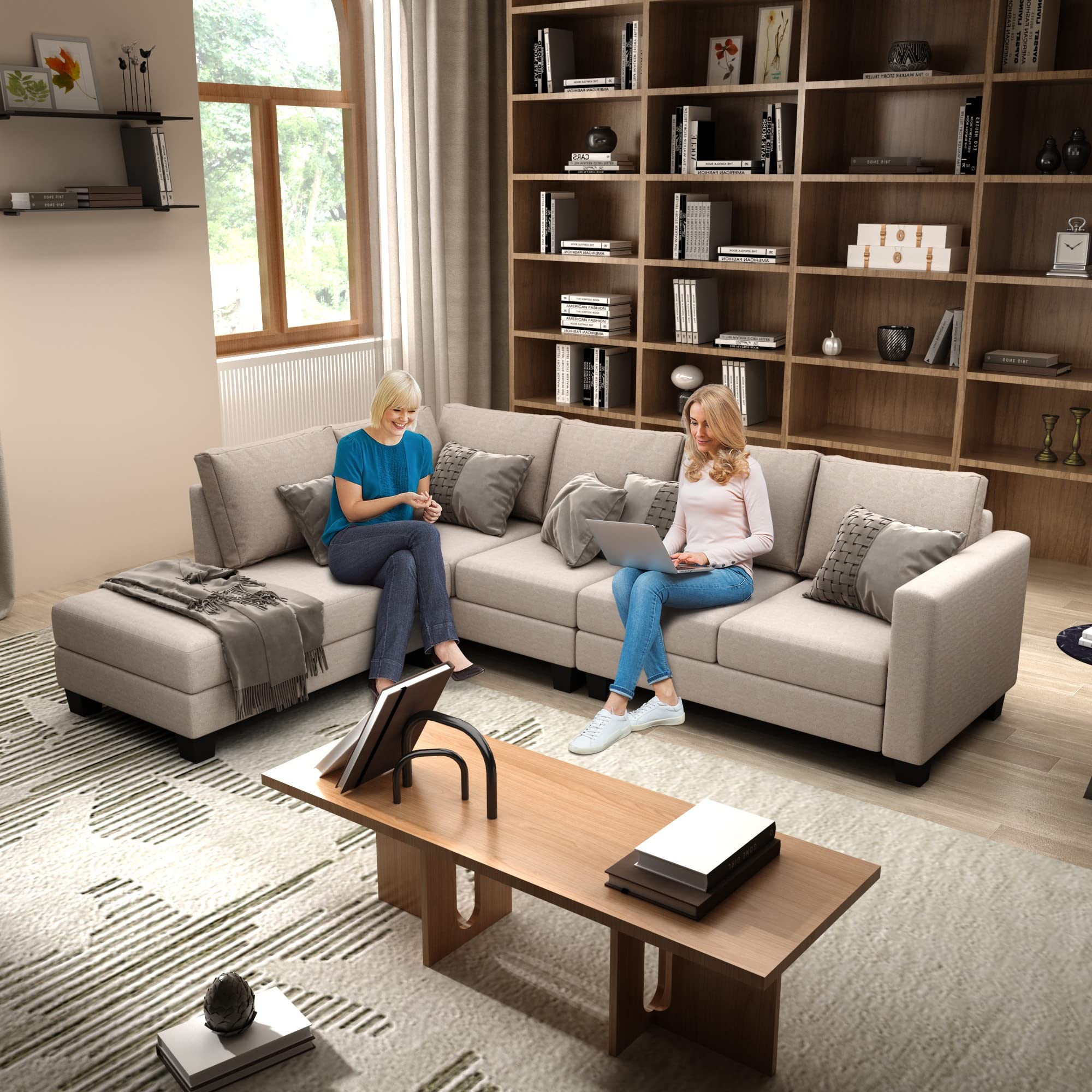 Amanda 5 Seater Fabric L Shaped Sectional Sofa Set for Living Room (Left Side,Beige)-image-26