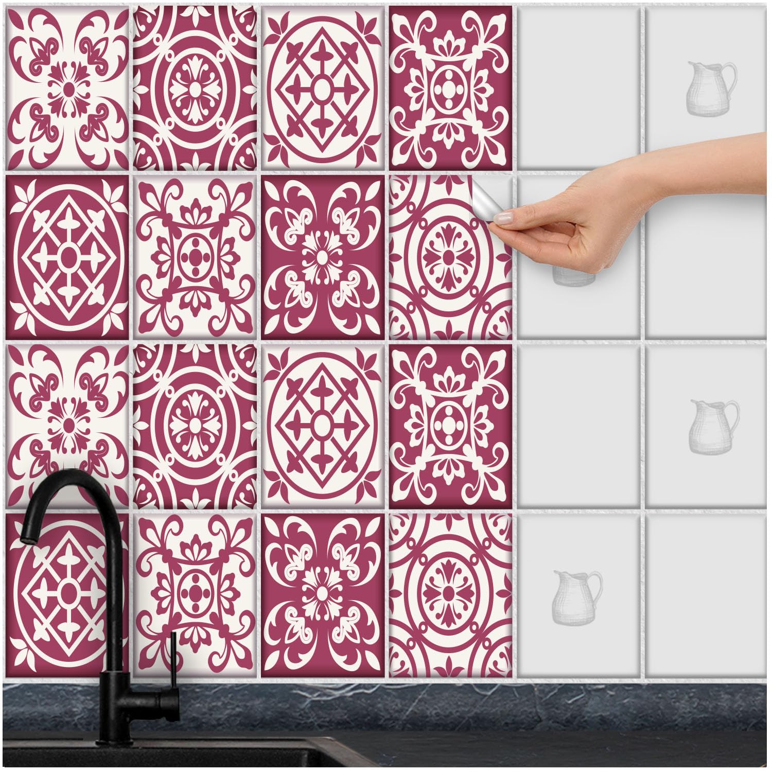 FoLIESEN Stickers Carrelage Patchwork No.3 – Lot 16 Autocollants 20x25 Cm, Imperméables, Amovibles Sans Résidus, Cuisine & Salle De Bain