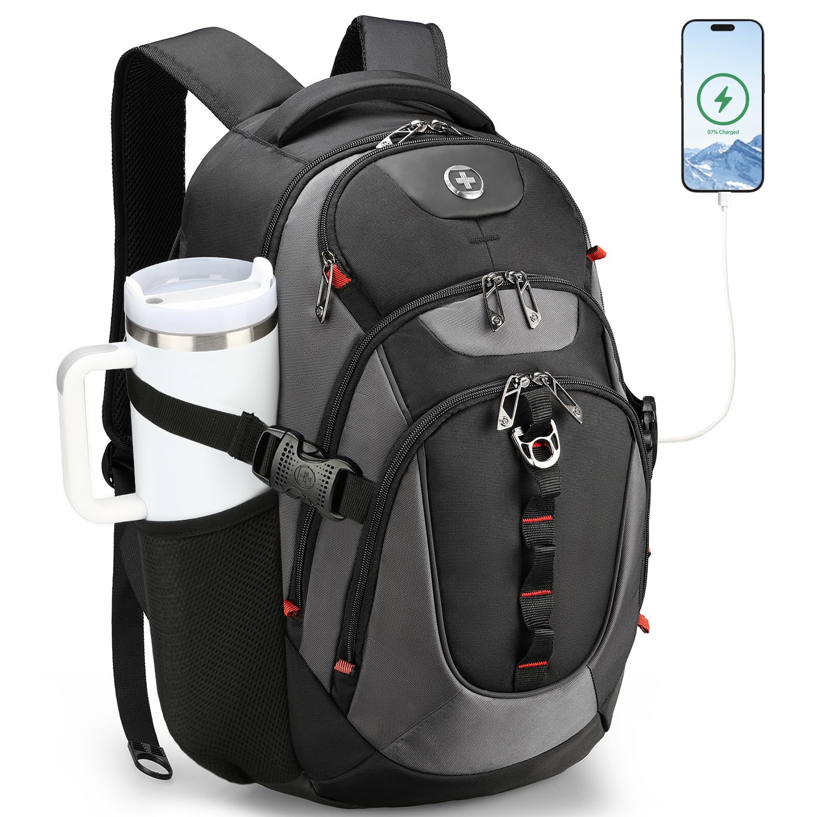 Swissdigital Design Travel Backpack for Men with USB Charging Port SD803-02 | Men‘s Backpack,31l College School Bag with RFID Protection Pocket Fits 15.6-Inch Computer, Black/Grey