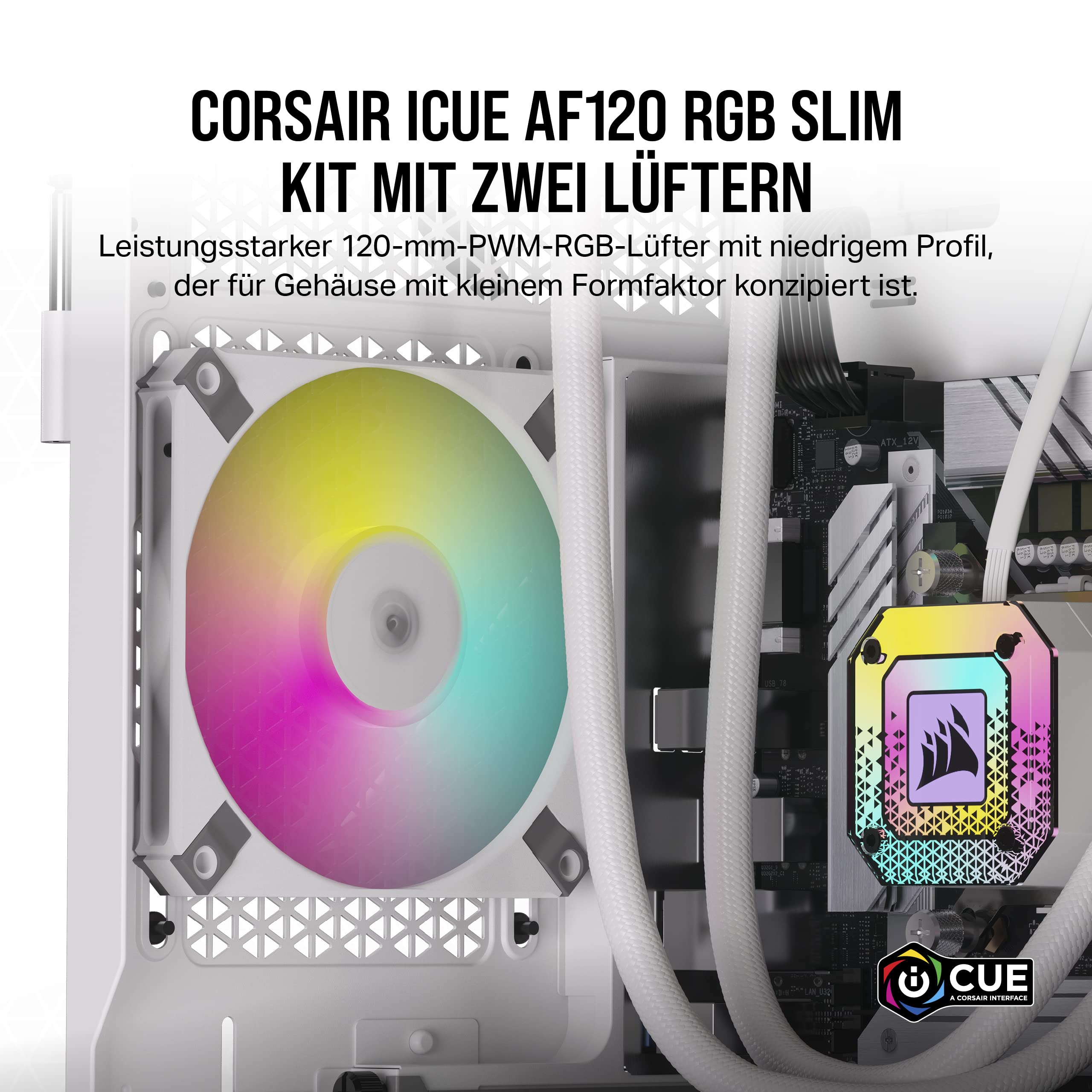 Corsair AF120 RGB Slim, 120-mm-PWM-Lüftersatz Mit Dynamischem Lager - Dünnes Profil Für Kleine Gehäuse - Bis zu 2000 U/min - 8 Adressierbare RGB-LEDs - Doppelpack Mit Lighting Node CORE - Weiß