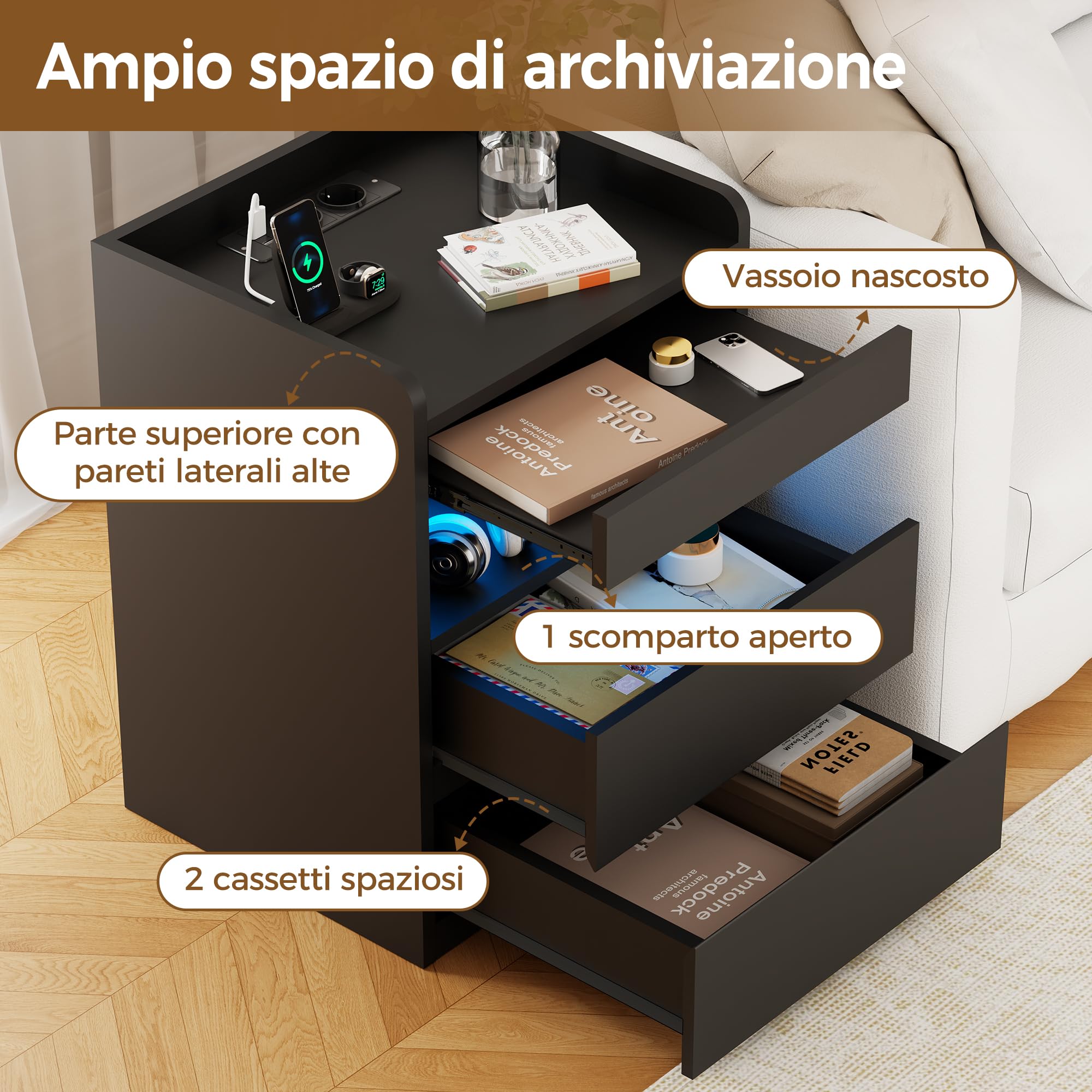 BEWISHOME Set di 2 Comodino,con Scomparto Nascosto(2 Cassetti),Comodino con presa,Semplice e Versatile,con Funzione di Ricarica,per Soggiorno,Camera da letto (Nero) EFCG02B