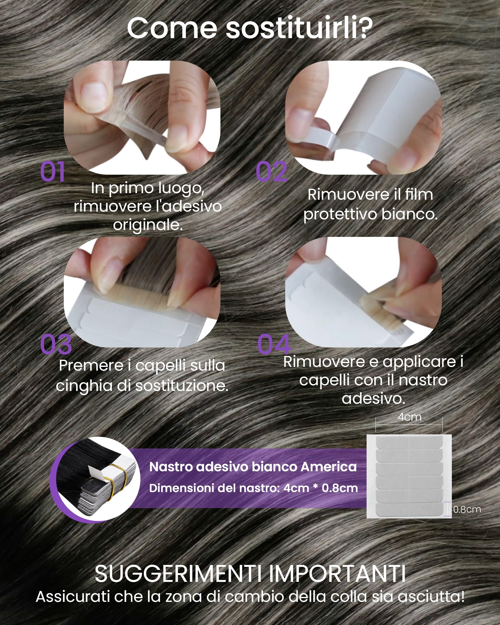 150g Extension Capelli Veri Cheratina con Extension Capelli Veri Biadesive Nero con Silver Naturale 55cm