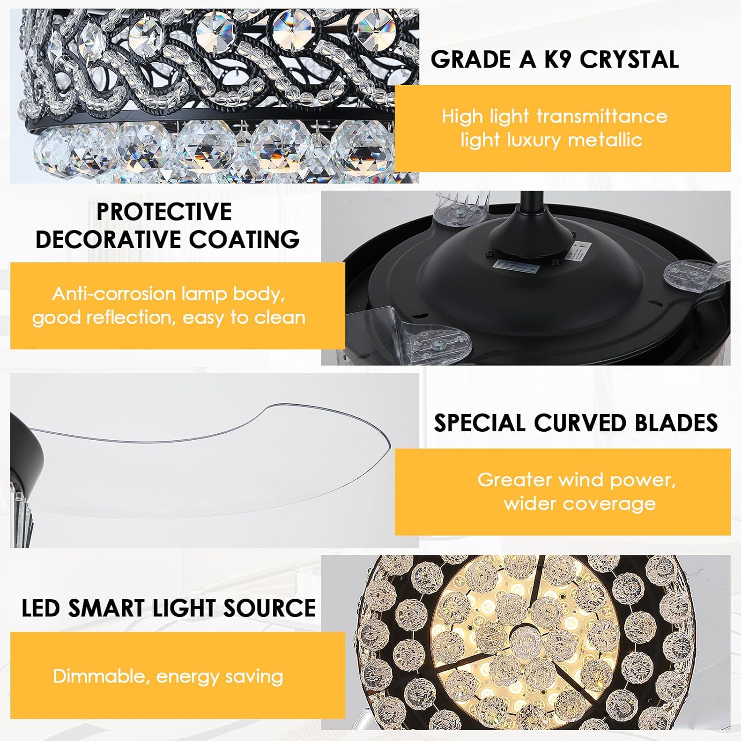 Asyko 48" Black Crystal Retractable Ceiling Fan with Light, Modern Retractable Chandelier Ceiling Fans with Remote and APP, Dimmable 3 CCT,Crystal Fandelier Ceiling Fans for Living Room, Bedroom
