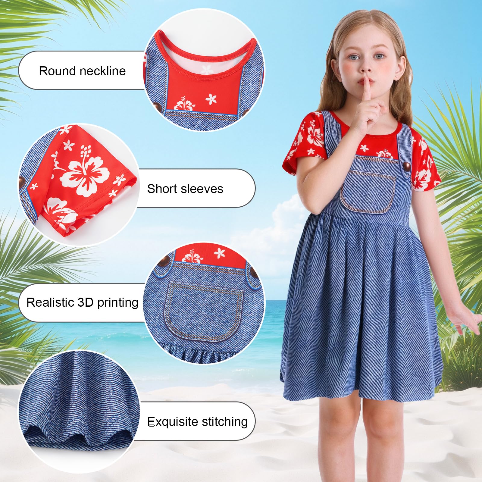 Jurebecia Hawaiian Fancy Dress Up Costume for Girls Summer Party Outfit Halloween Cosplay Costumes with Flower Hair Clip Blue 5-6 Years - Image 3