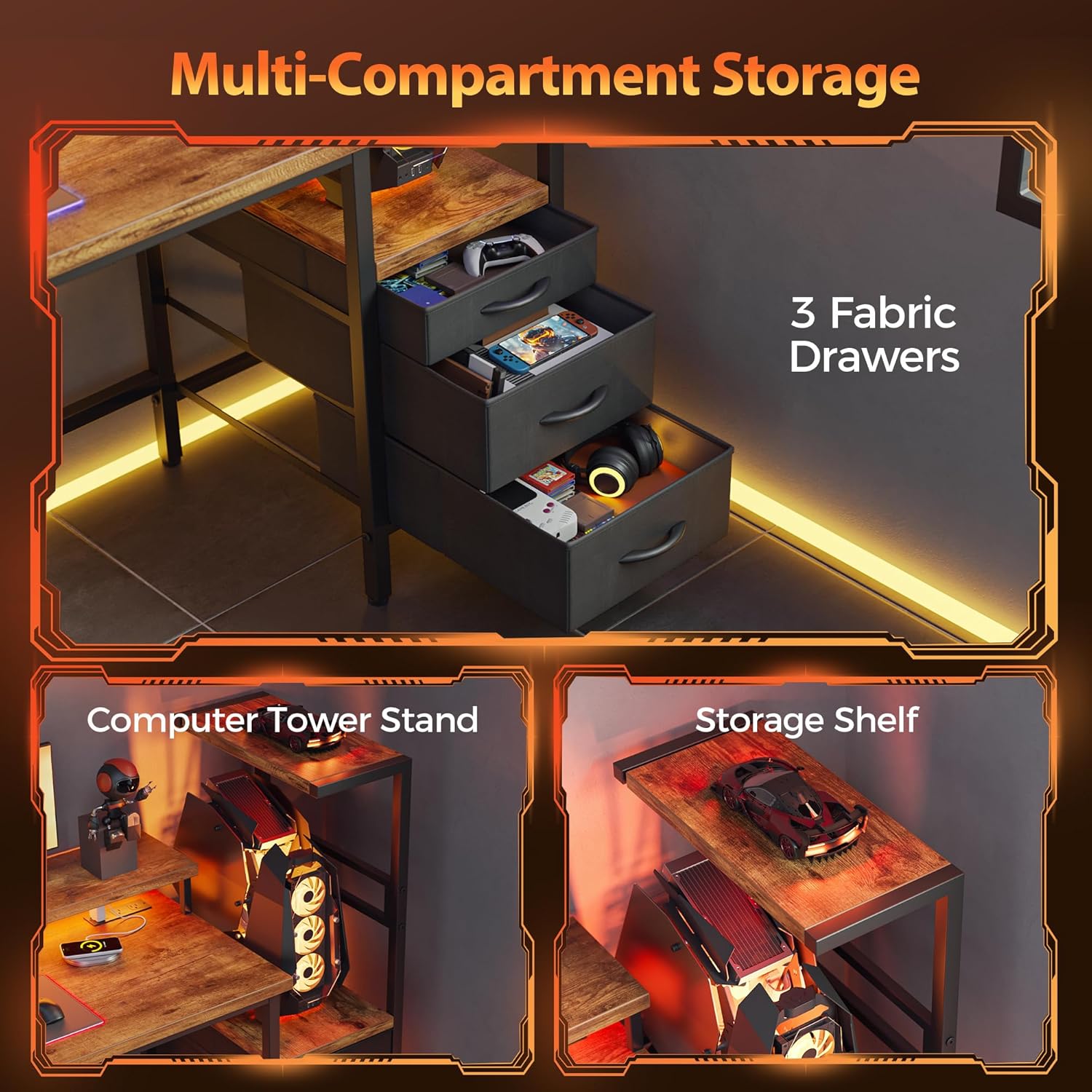 Mericonia Gaming Desk with Power Outlets & LED Lights, Reversible Computer Desk with PC Case Stand, Fabric Drawers, Modern Office Desk with Shelves, Monitor Stand